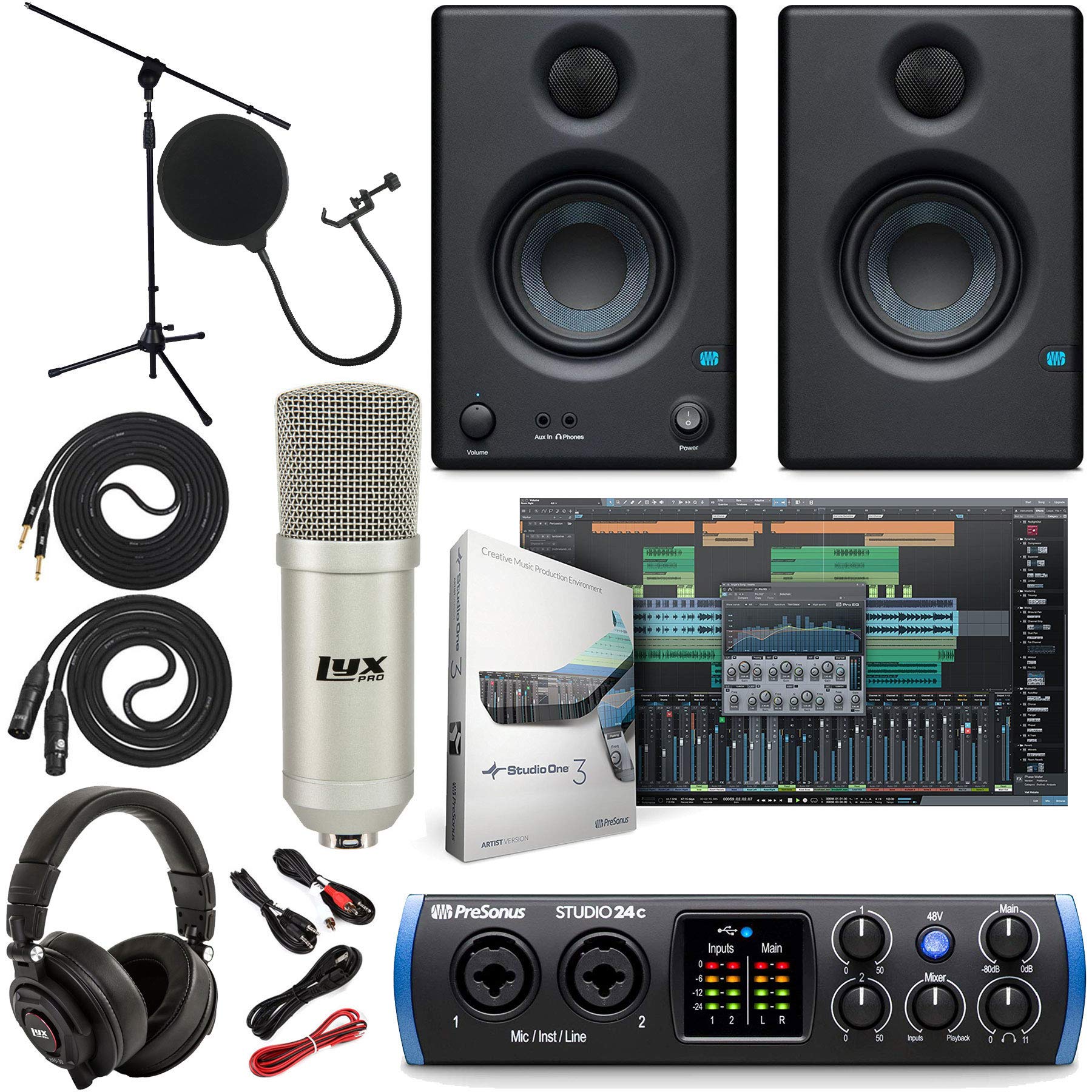 PreSonus Studio 24c 2x2 USB-C Audio Interface with Eris 3.5 Studio Monitors, TRS Cable & LyxPro Bundle - Perfect for Home Recording, Podcasting & Music Production