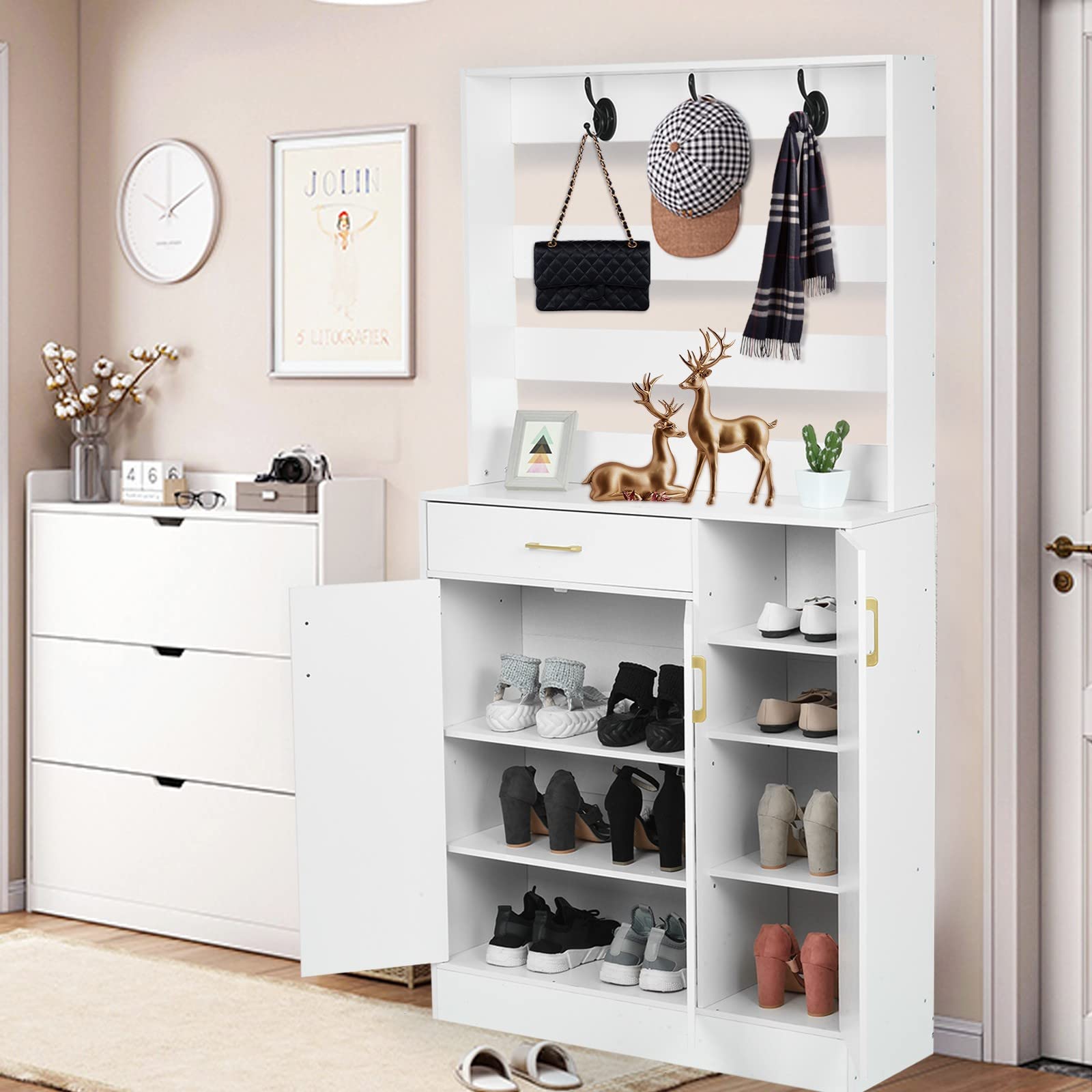 VISDRON White Shoe Storage Cabinet with Coat Rack - 35.82×11.81×69.68 Inch Entryway Organizer for Shoes, Hats & Accessories - Perfect for Small Spaces, Apartments & Home Entry Storage (91×30×177cm)