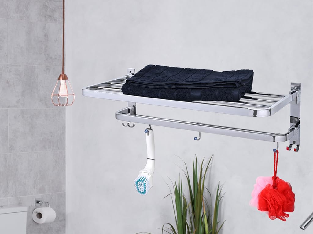 Premium Stainless Steel Bathroom Towel Holder - 24 Inch Foldable Towel Rack with Hanger | Space-Saving Bathroom Accessory for Small Spaces & Modern Homes