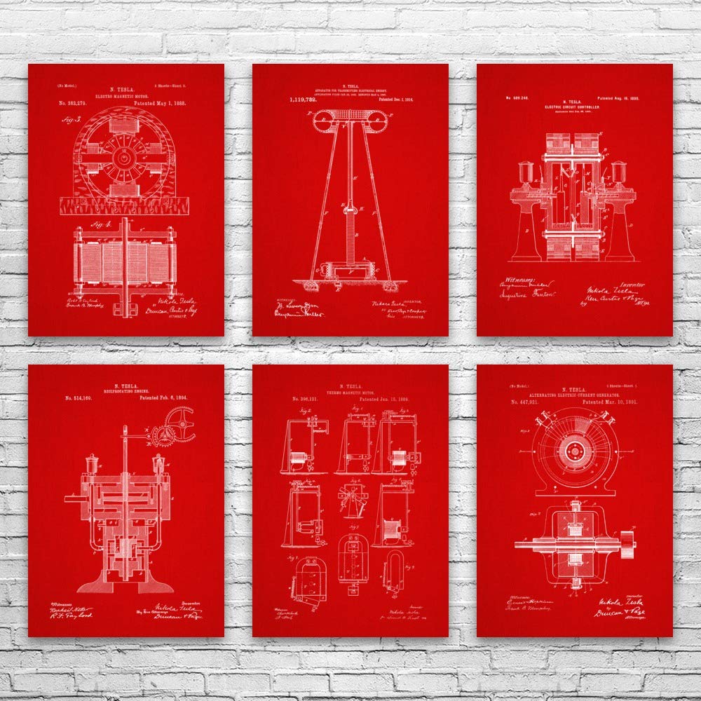 Nikola Tesla Inventions Posters Set of 6 - 12x18 Inch Science Wall Art, Electrician & Physics Teacher Gift, Circuit Blueprint Decor for Classroom, Office, or Home Laboratory