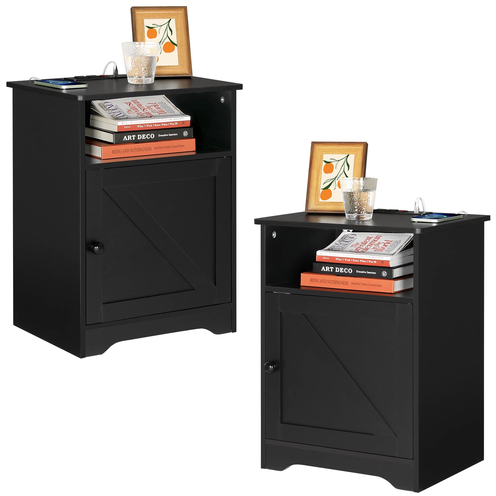 ADORNEVE Nightstand Set of 2 with USB Charging Station - Modern Black Bedside End Tables with Storage Drawer for Bedroom, Living Room & Office Use