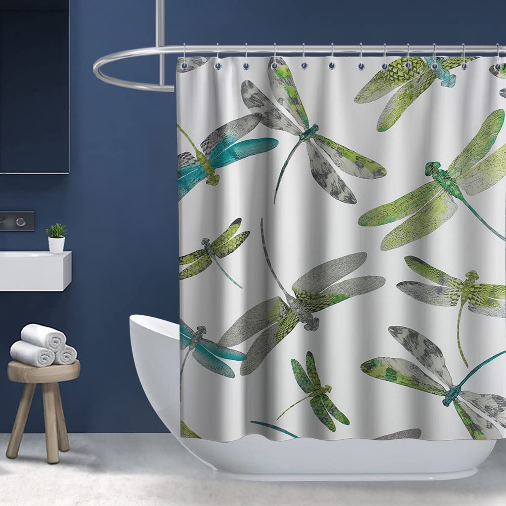 Waterproof Dragonfly Garden Shower Curtain - Tropical Animal Theme Bathroom Decor with Hooks, 72x72 Inches (White & Green) | Machine Washable Fabric for Bath, Spa & Home Decor