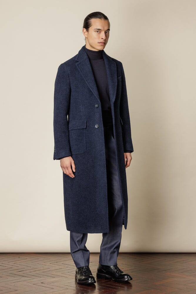 Carter Notch Long Overcoat for Women - Navy Blue Boiled Wool Coat - Elegant Winter Outerwear for Office, Travel & Formal Occasions
