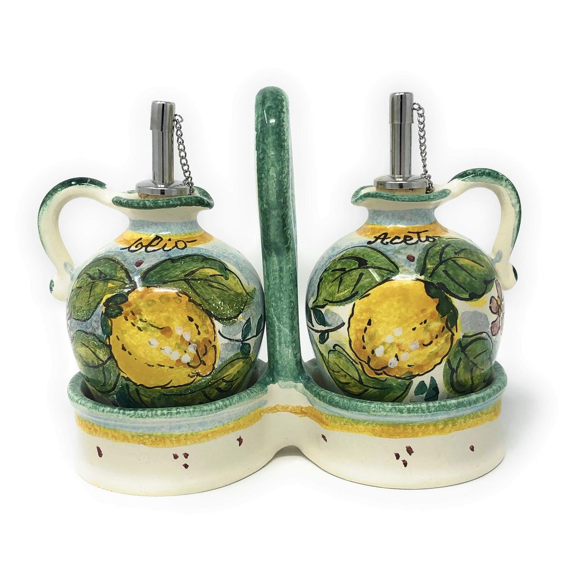 Italian Ceramic Oil and Vinegar Cruet Set - Hand Painted Tuscan Lemon Design, Artisanal Pottery Made in Italy | Perfect for Kitchen Decor, Dining Table Centerpiece, and Gift Giving