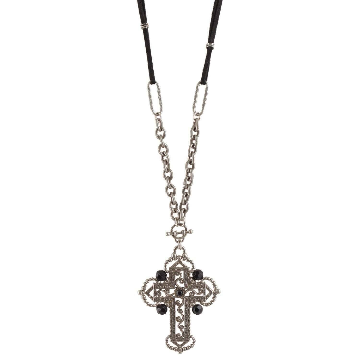 1928 Jewelry Black Bead Ornate Cross Pendant Necklace 30