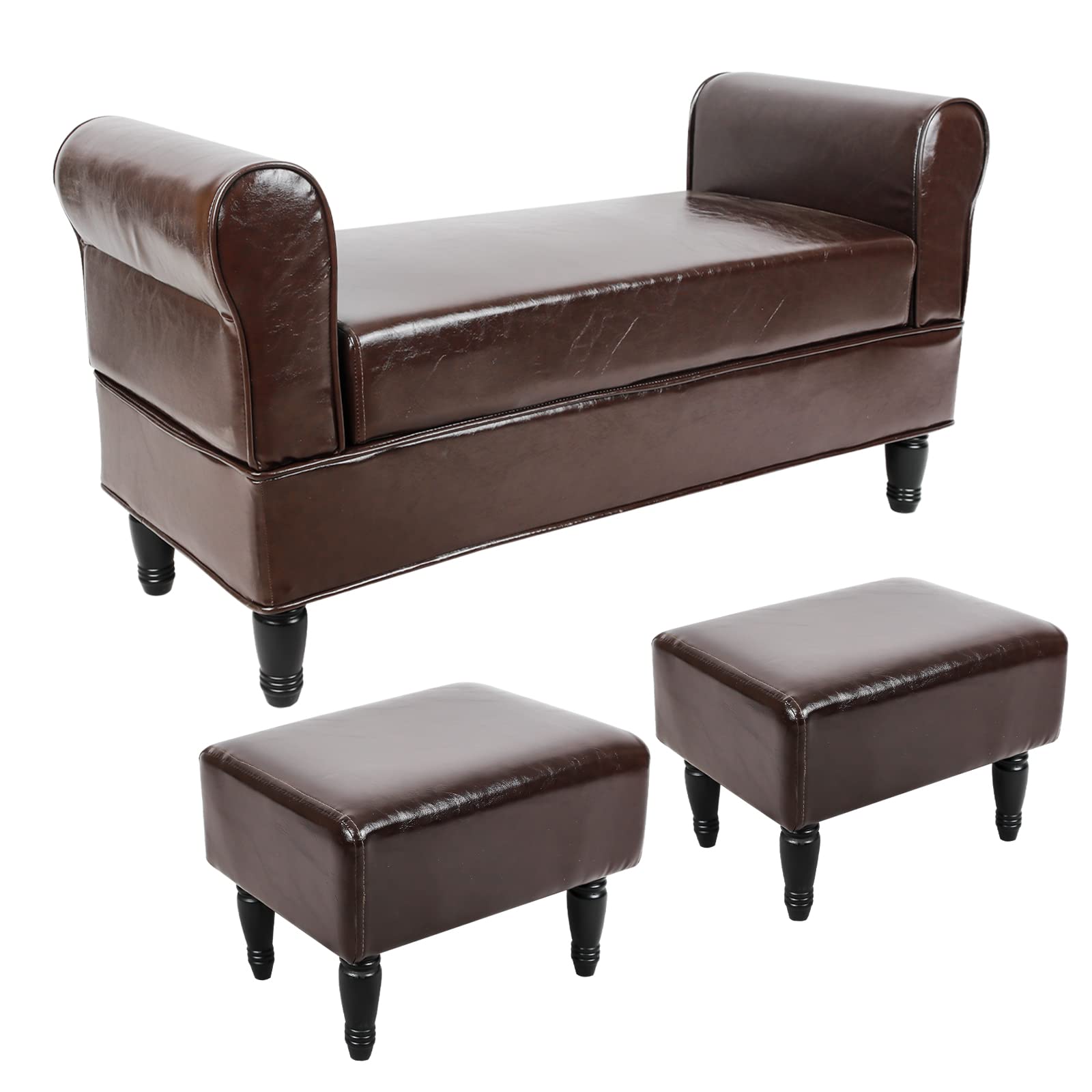 Babion Faux Leather Storage Bench with 2 Footstools - Button Tufted Ottoman with Arms for Bedroom, Living Room & Entryway - Brown - Perfect for Extra Seating & Hidden Storage in Small Spaces