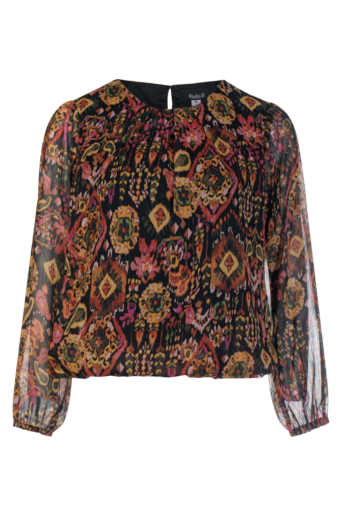 Printed Chiffon Blouse Women's Olive Aztec Lurex Top 8553BR - Perfect for Boho Chic Outfits & Summer Casual Wear