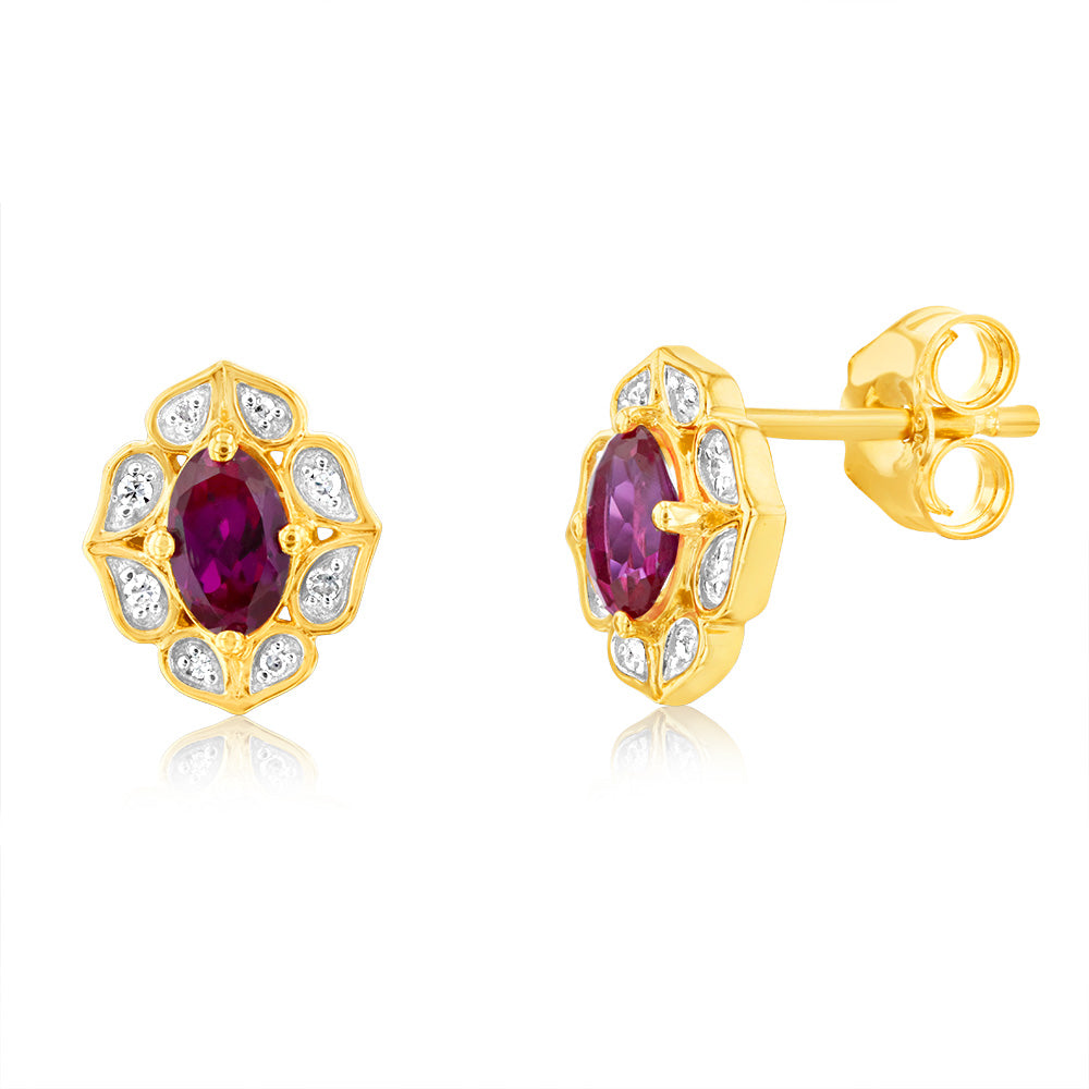 0.60 Carat Lab-Created Ruby and Diamond Oval Stud Earrings in 9K Yellow Gold - Elegant Gift for Women, Perfect for Weddings, Anniversaries & Special Occasions