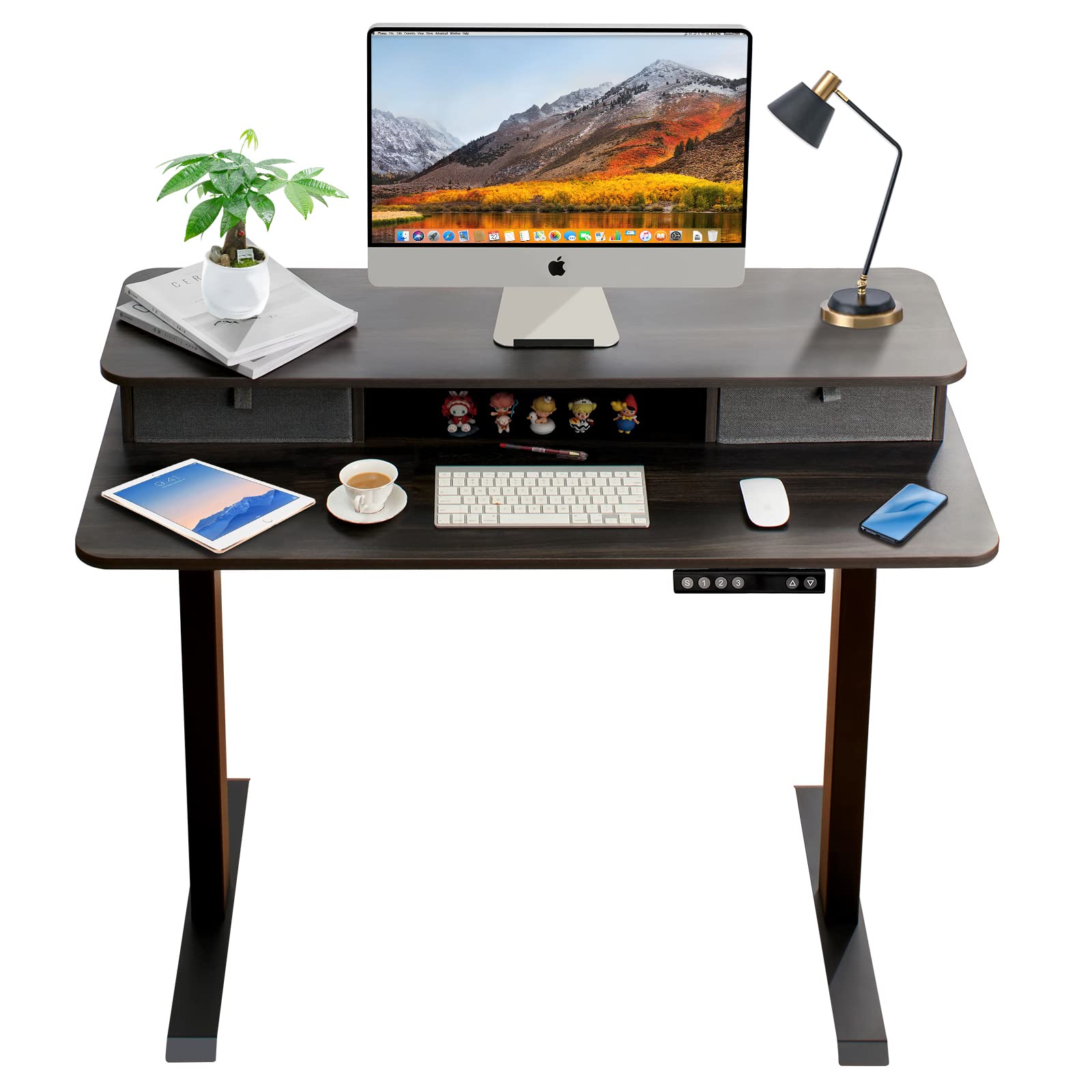 Height Adjustable Electric Standing Desk with 2 Drawers - 48x28 Inch Dual Motor Sit Stand Desk with Storage Shelf & USB Charging Port - Ergonomic Home Office & Gaming Desk (Black) - Perfect for Remote Work, Video Calls & Long Computer Sessions