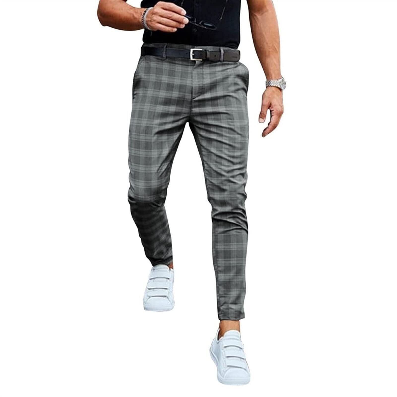 Men's Slim Fit Checked Chino Pants - Business Casual Straight Leg Trousers for Office & Weekend Wear