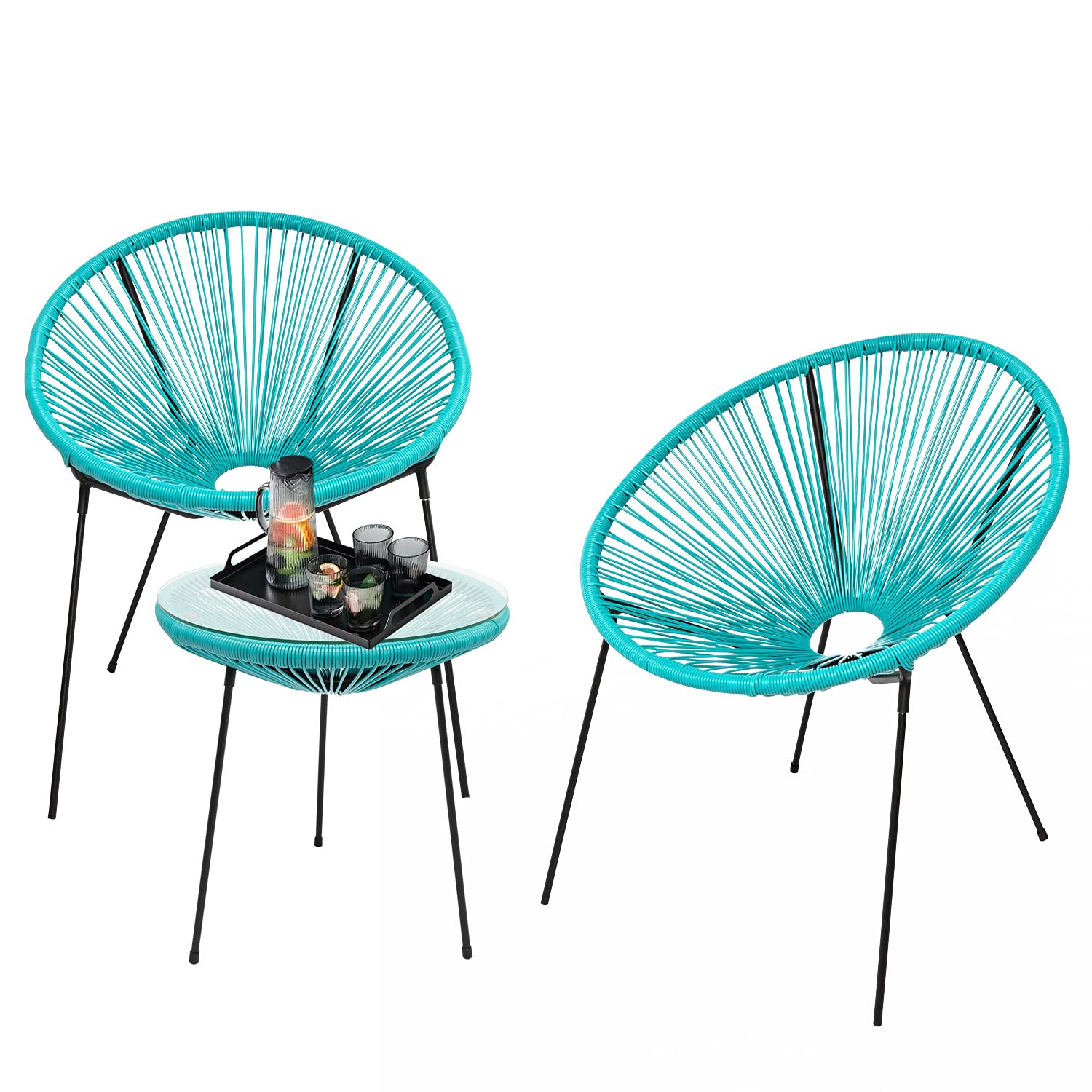 On Shine 3-Piece Acapulco Outdoor Seating Set - All-Weather Patio Furniture with Glass Top Table & 2 Plastic Rope Chairs (Blue) - Perfect for Backyard, Garden, Poolside & Balcony Relaxation