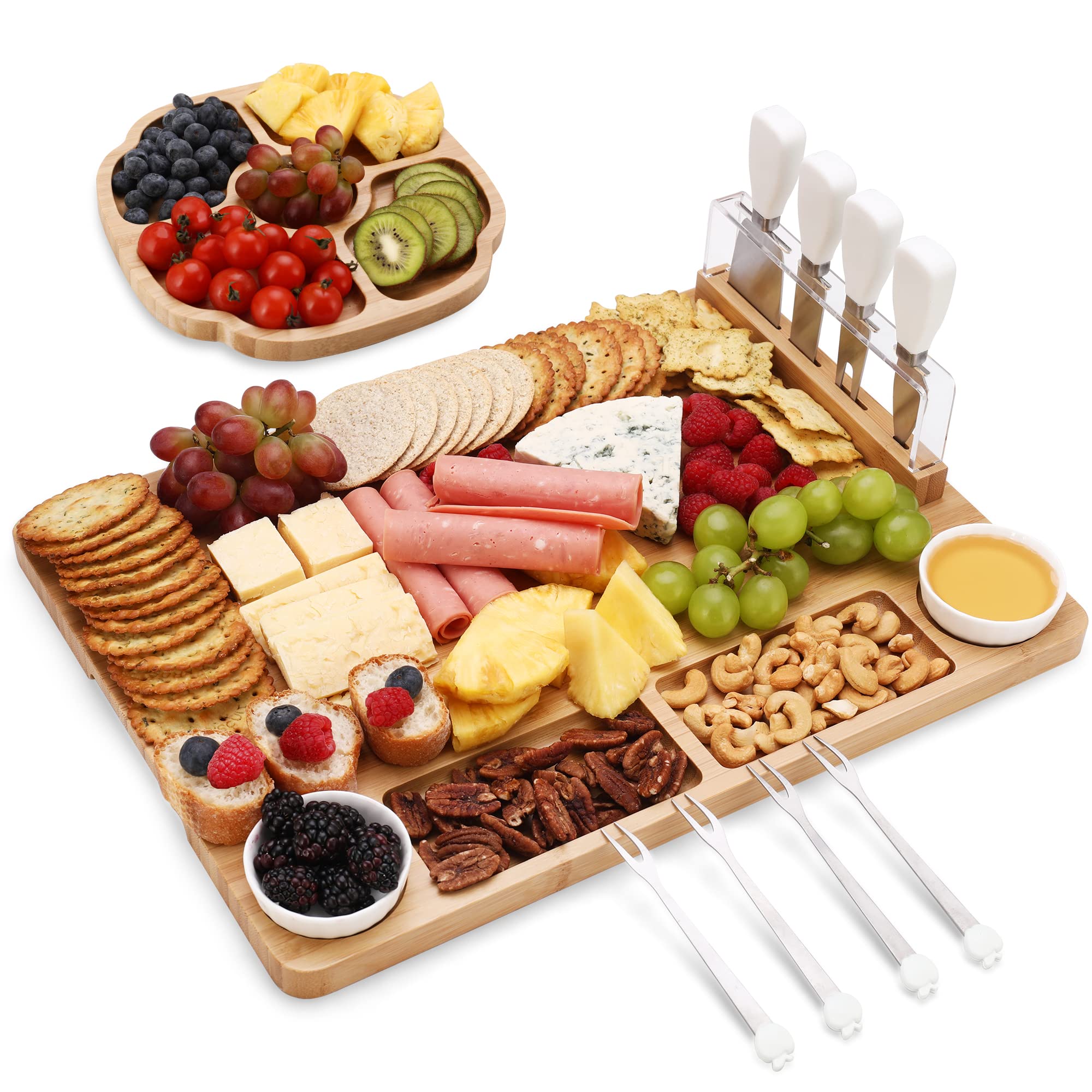 Premium 13-Piece Charcuterie Board Set - Bamboo Cheese Platter with 2 Ceramic Bowls, 4 Cheese Knives & Forks, Magnetic Knife Stand - Elegant Entertaining & Gift Set for Parties, Wine Nights & Charcuterie Displays