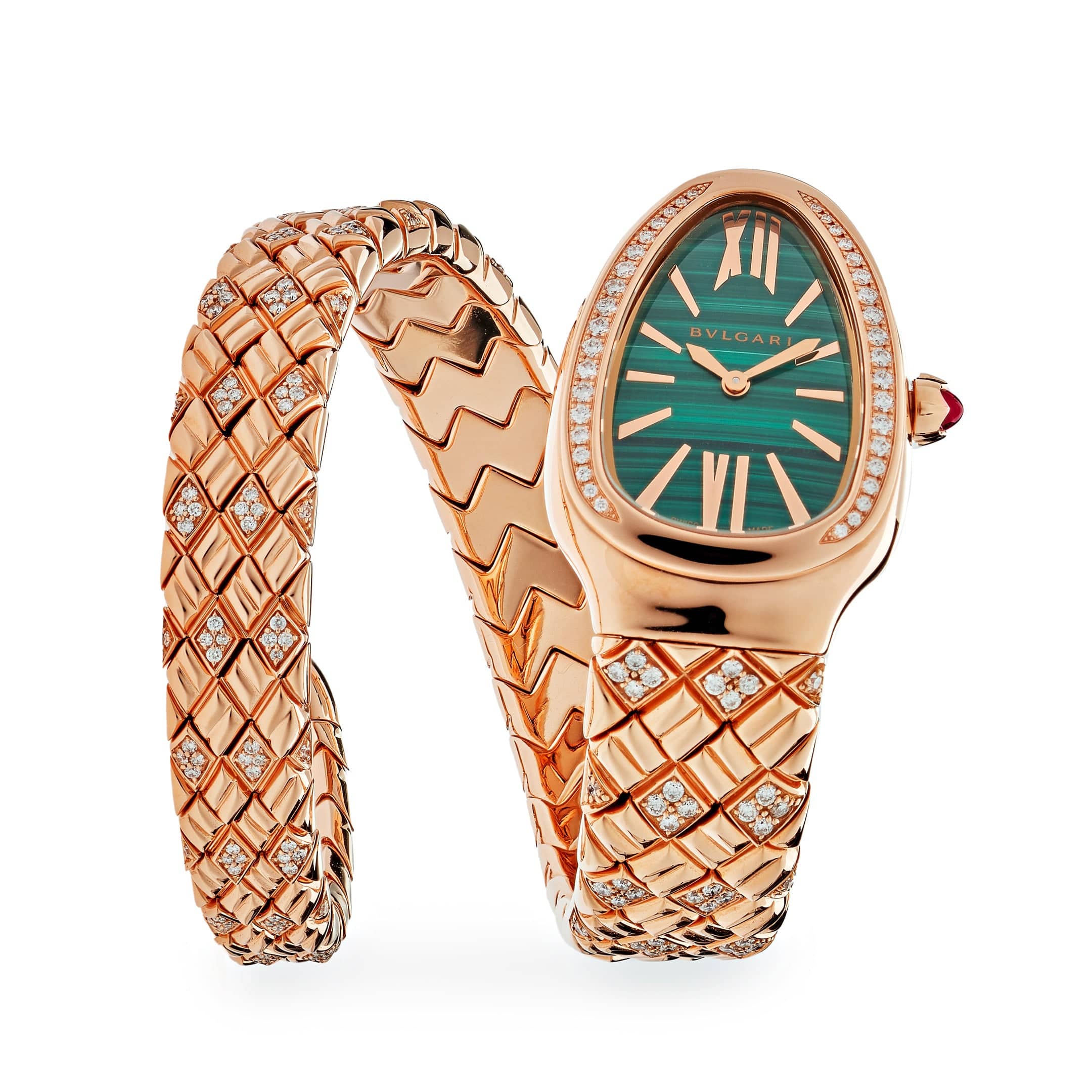 BVLGARI Serpenti Spiga Watch 103626 Rose Gold with Malachite Dial & Diamonds - Luxury Women's Wristwatch for Elegant Occasions & Gifts