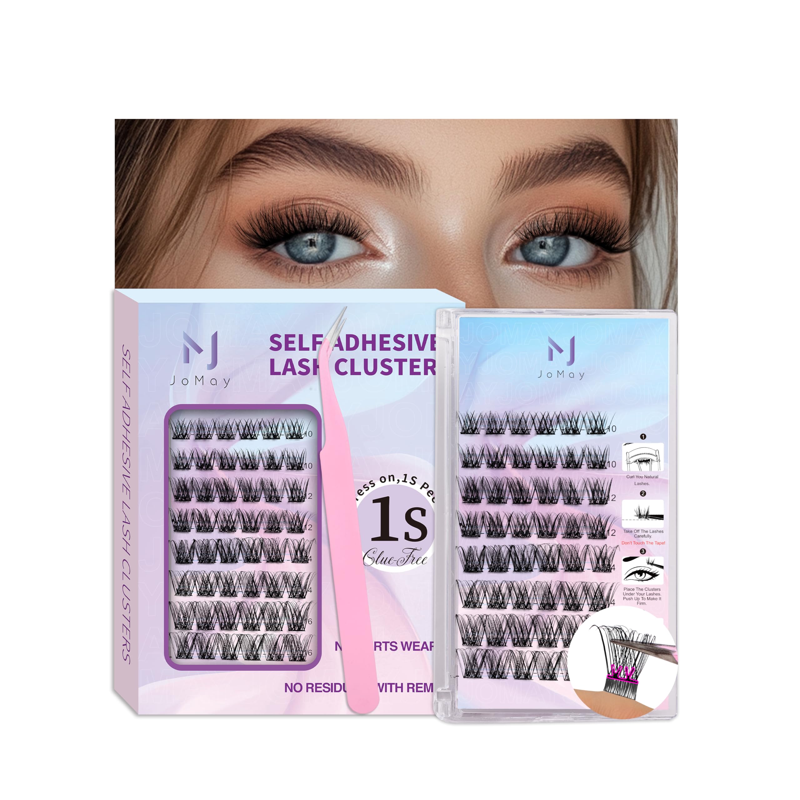 JoMay Self-Adhesive Eyelash Extension Kit - 48 PCS Pre-Glued Cluster Lashes, D Curl No Glue Needed, 10-16mm Wispy Lashes for Natural Look - Perfect for DIY Lash Extensions at Home, Parties & Special Occasions