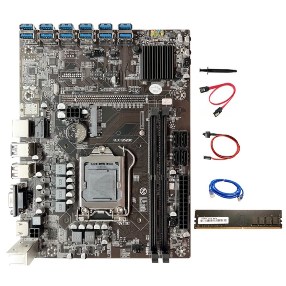 FUUIE B250C BTC Mining Motherboard - 12 PCIE to USB3.0 Slots, LGA1151 Socket, DDR4 4GB 2133MHz RAM, Includes RJ45 Network & SATA Cables - Perfect for Cryptocurrency Mining Rigs & High-Performance Computing