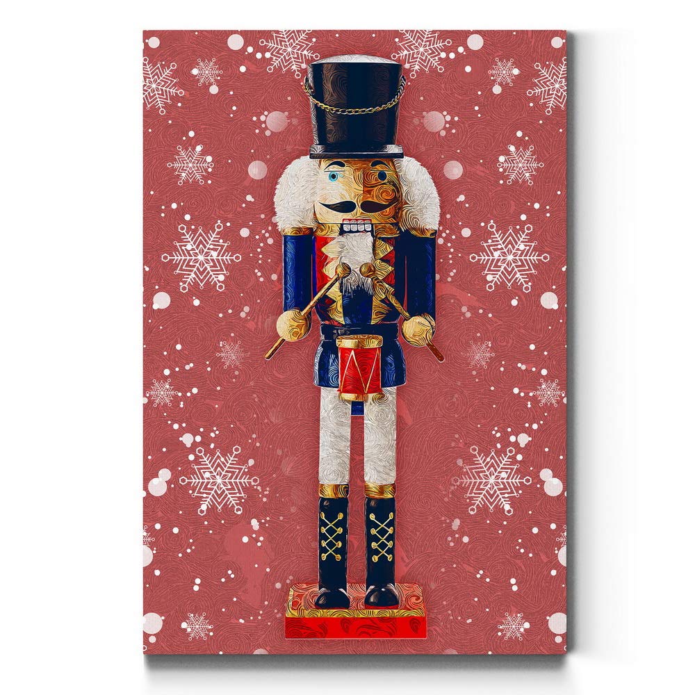 WEXFORD HOME Nutcracker on Red Wall Art - Festive Christmas & Winter Decor with Snowflake Design - Premium Gallery Wrapped Canvas - Ready to Hang 32x48 Inches - Made in USA - Perfect for Living Room, Bedroom & Holiday Home Decor