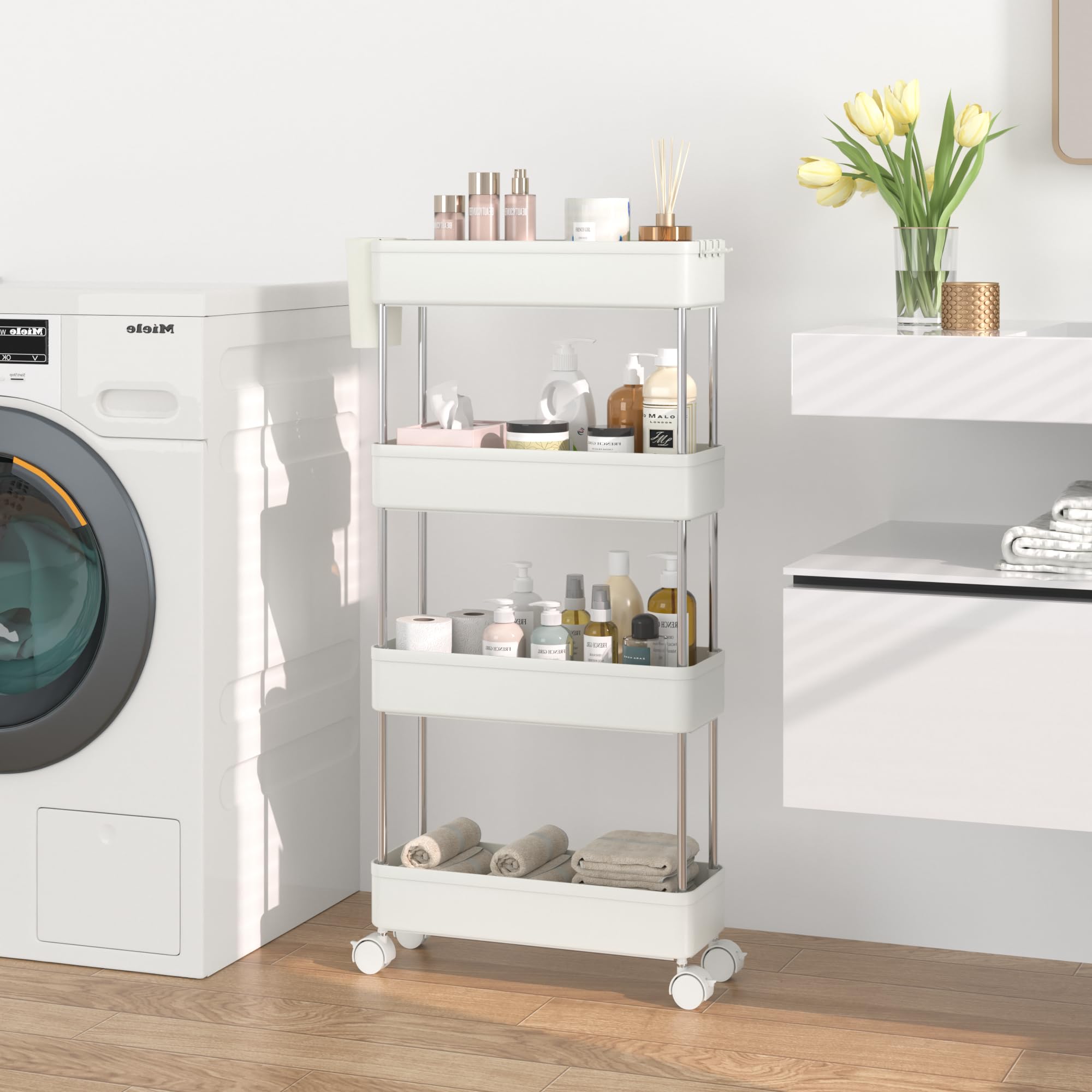 VECELO 4-Tier Slim Rolling Storage Cart with Wheels & Hooks - Mobile Kitchen Utility Organizer for Bedroom, Bathroom, Office - Perfect for Narrow Spaces & Small Areas (White) - Ideal for Home Organization, Kitchen Storage & Office Supplies