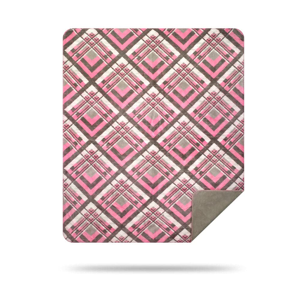 Denali Ultimate Comfort Plaid Throw Blanket - Soft Plush Hand-Stitched Super Cozy Blanket Made in USA - Pink & Grey Plaid for Living Room, Bedroom & Winter Warmth
