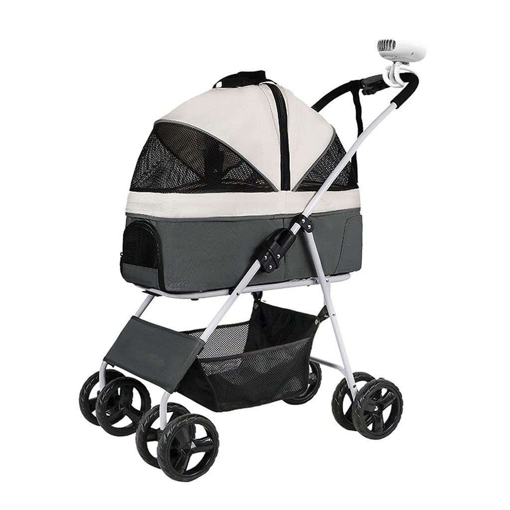 Premium Foldable Dog Stroller for Small & Medium Pets up to 20kg - Lightweight Cat Stroller with Breathable Mesh & Large Storage - Includes Cooling Fan (Light Gray) | Perfect for Park Walks, Vet Visits & Shopping Trips