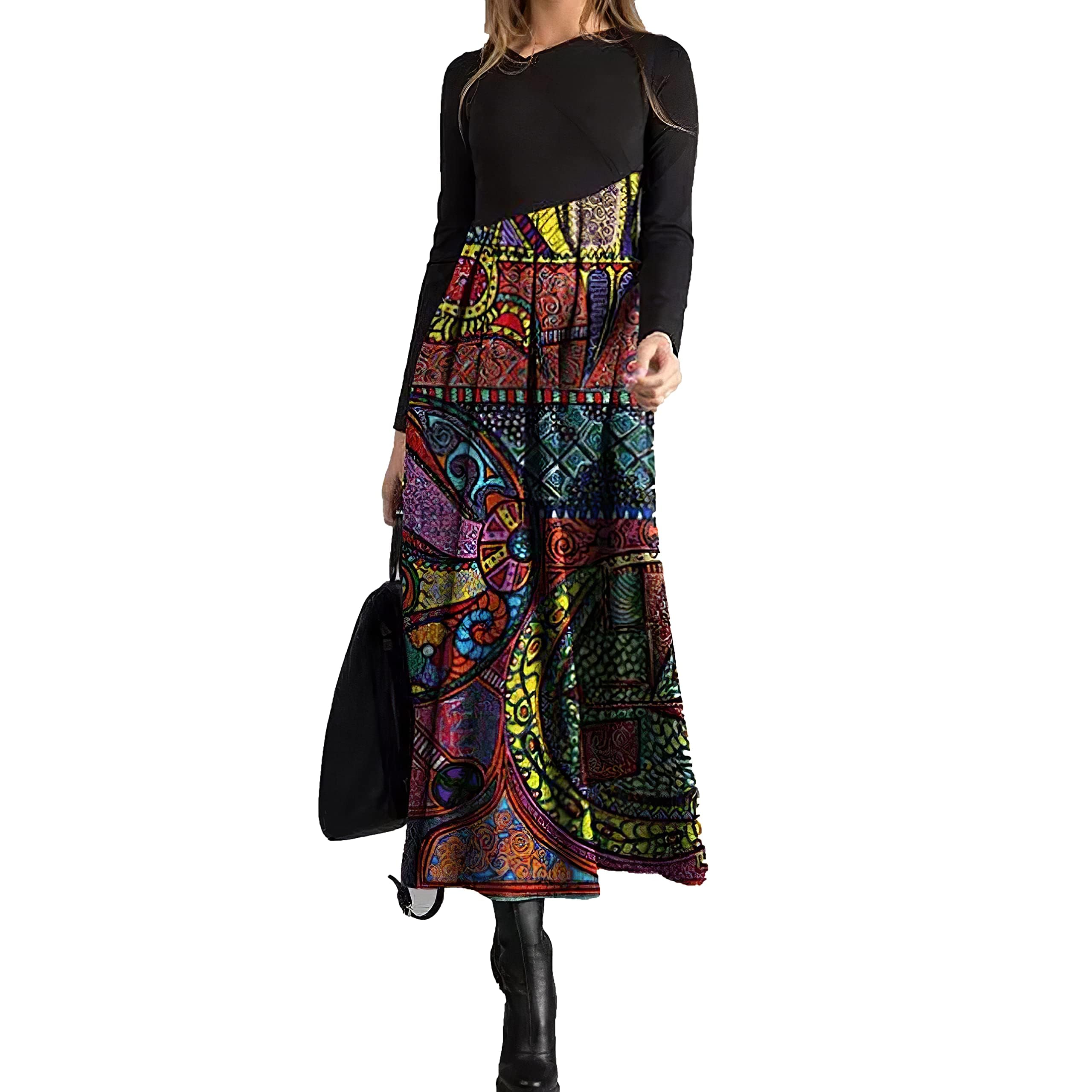 Boho Floral Print Long Sleeve Maxi Dress for Women - Casual Loose Fit Long Dress for Beach, Vacation & Summer Outfits