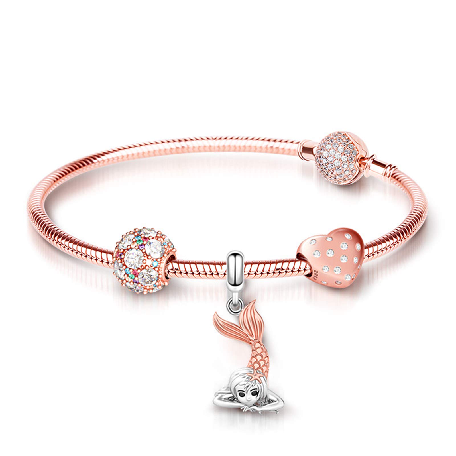 GNOCE Rose Gold Mermaid Charm Bracelet - 925 Sterling Silver Snake Chain Bracelet with Three Beads & Secure Clasp - Elegant Jewelry Gift for Women, Perfect for Parties, Weddings & Everyday Wear