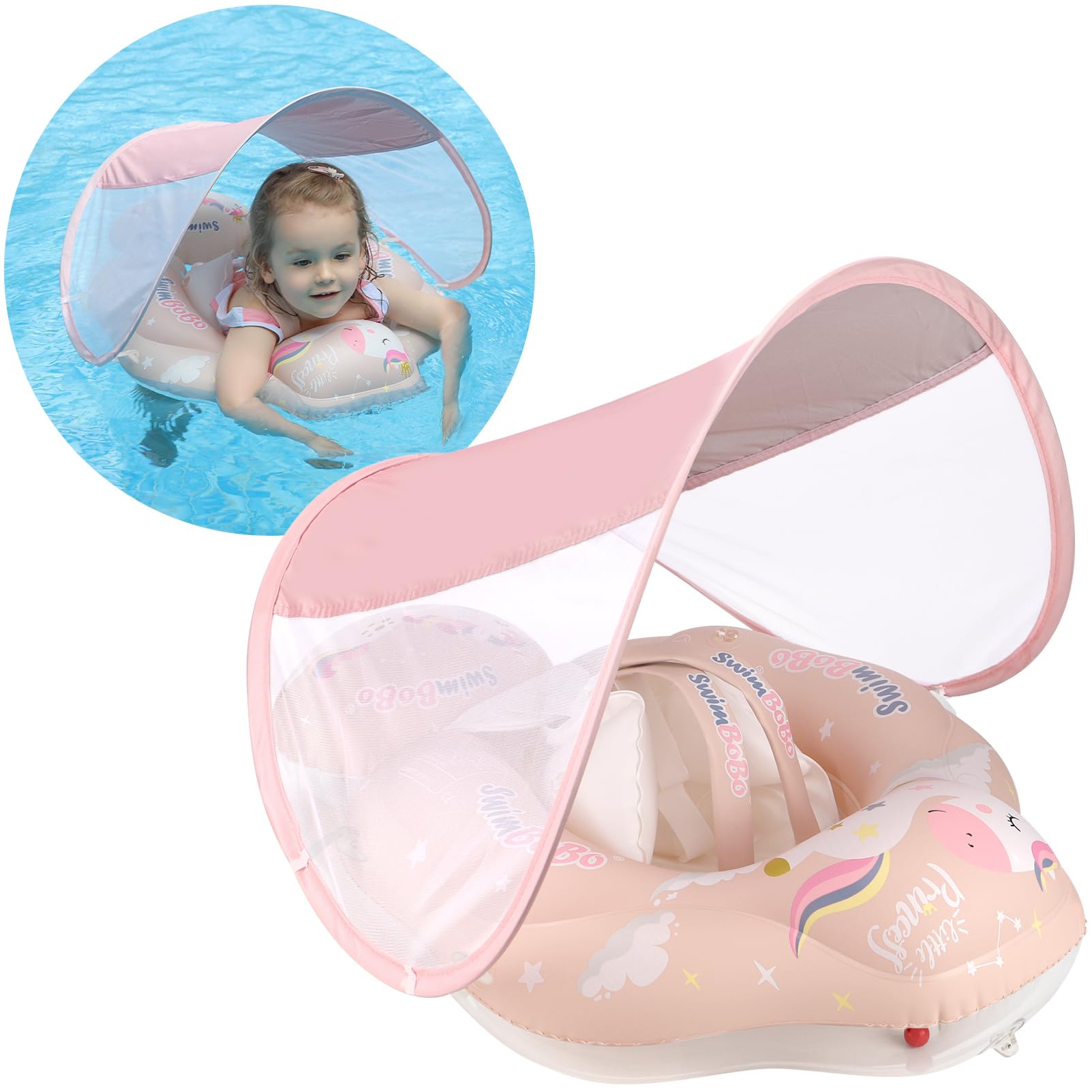 **Inflatable Baby Pool Float with Sun Canopy & Safety Sponge Bottom - Pink Small Infant Swim Trainer for Toddlers | Perfect for Backyard Pools, Beach Trips & Summer Water Play**