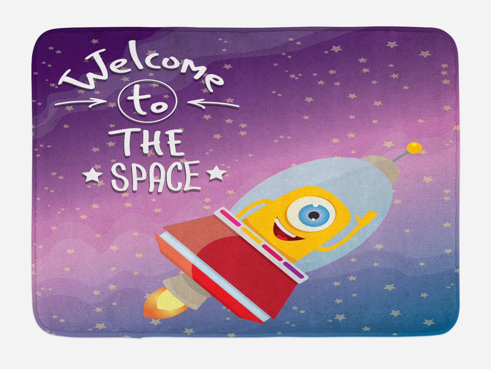 Ambesonne Outer Space Bath Mat - Non-Slip Plush Bathroom Rug with Retro Style Mascot & Milky Way Design, 30.2 x 20 Inches, Purple Blue - Perfect for Kids' Rooms, Space-Themed Bathrooms & Sci-Fi Decor