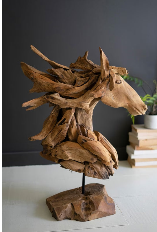 Hand Carved Teakwood Horse Head Sculpture with Wooden Base - Elegant Home Decor for Living Room, Office, or Garden