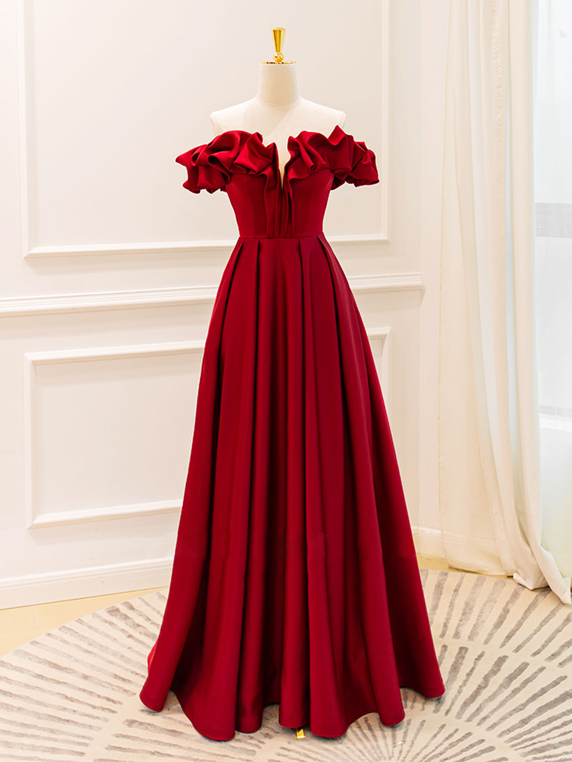 Elegant A-Line Off Shoulder Satin Burgundy Evening Dress for Women - Perfect for Cocktail Parties, Weddings & Special Occasions