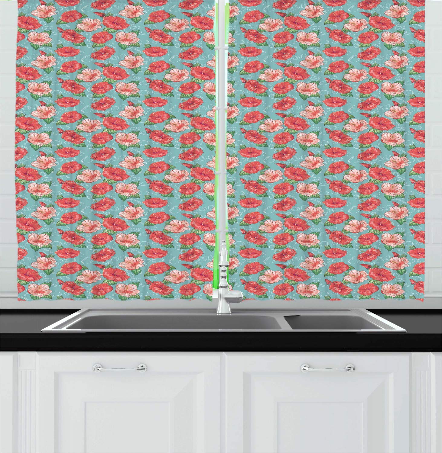 Ambesonne Hibiscus Kitchen Curtains - Tropical Flowers & Bubbles Print Window Drapes, 2 Panel Set for Kitchen & Cafe Decor, 55