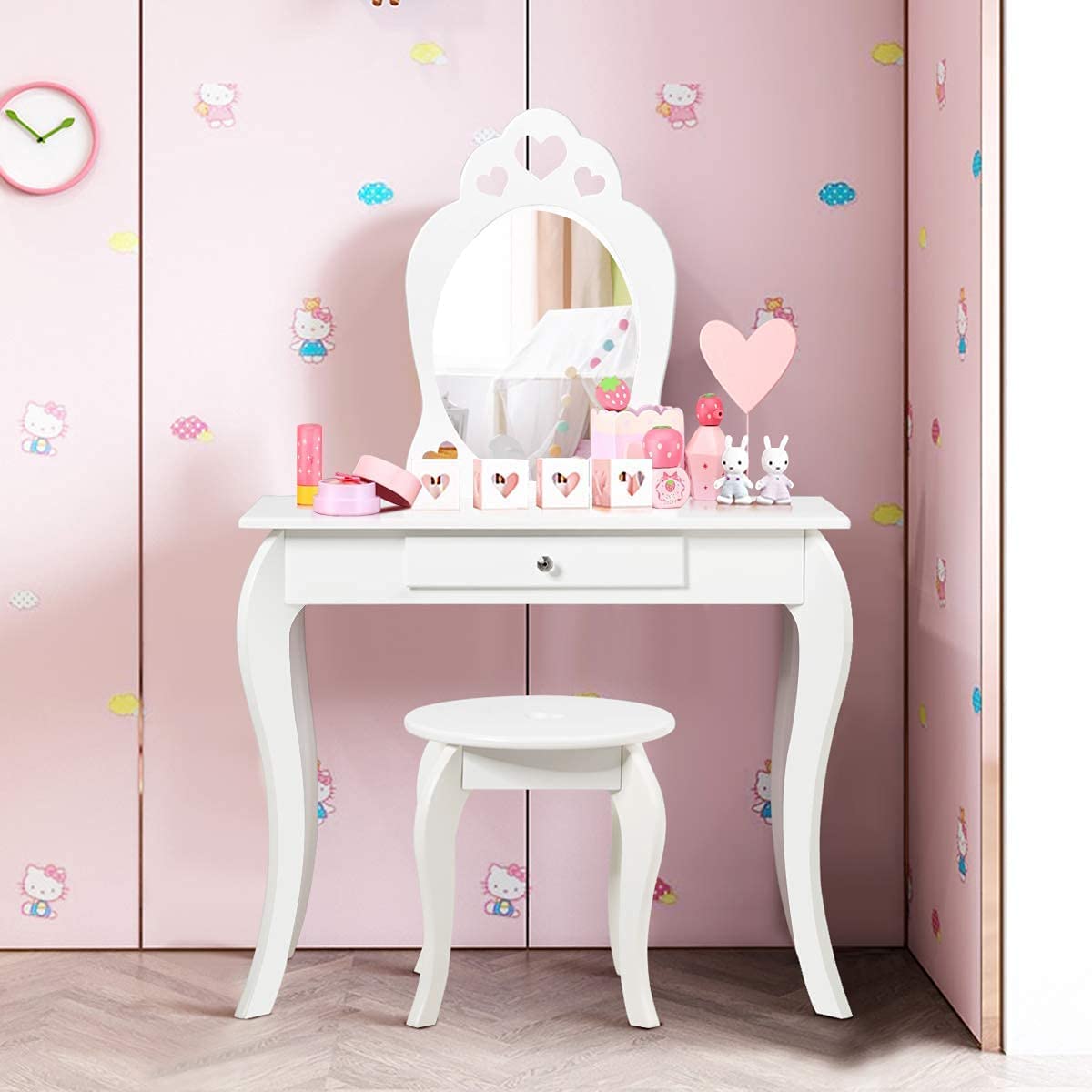 HONEY JOY Kids Vanity Set with Mirror - White Wooden Toddler Vanity Table with Stool & Drawer, Removable Top for Easy Storage - Princess Pretend Play Beauty Makeup Dressing Table Playset for Little Girls - Perfect for Bedroom Decor, Birthday Gifts & Role Play Activities