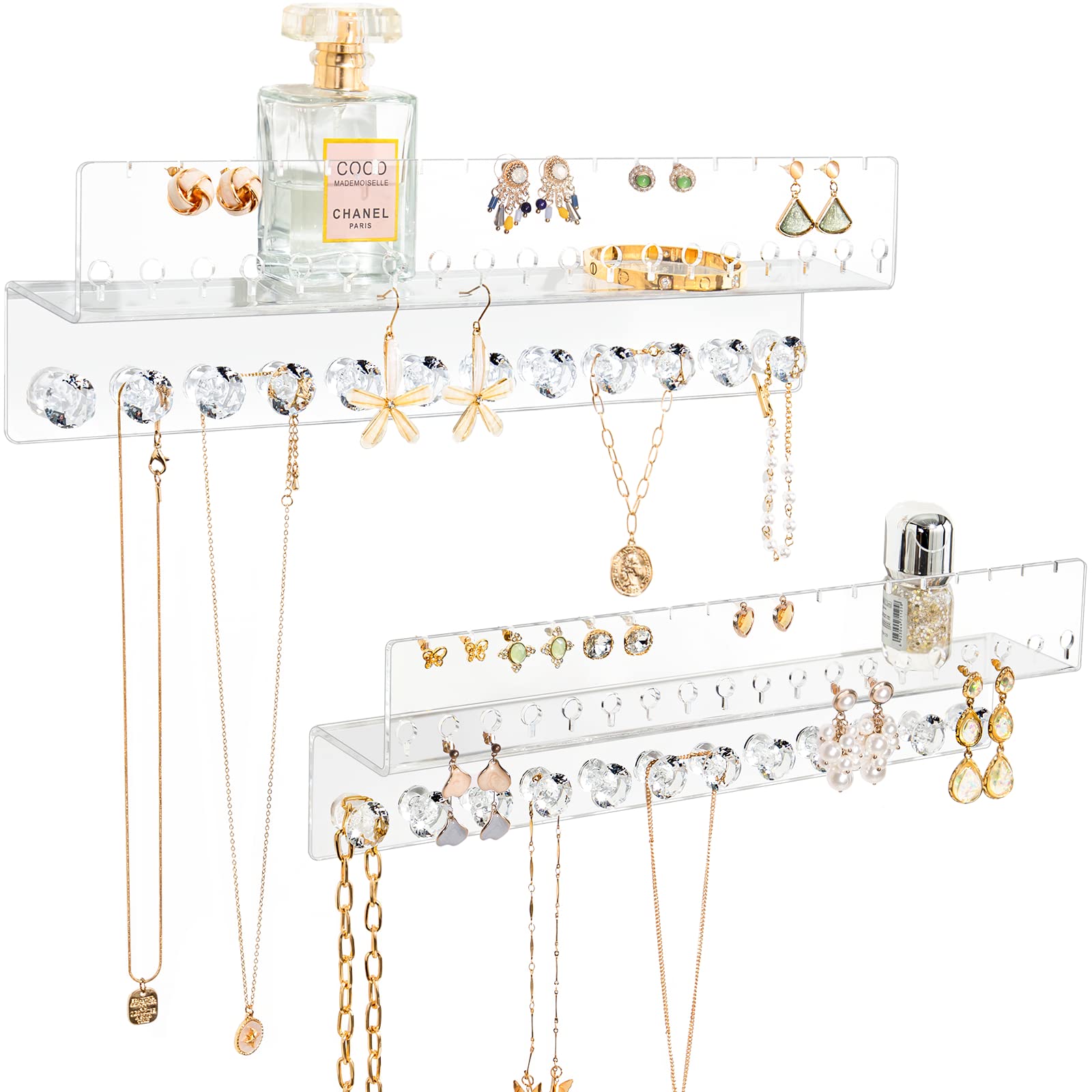 Acrylic Hanging Jewelry Organizer Wall Mounted - Floating Shelf Necklace & Earring Holder for Women (2 Pack) | Perfect for Bedroom, Bathroom & Closet Organization