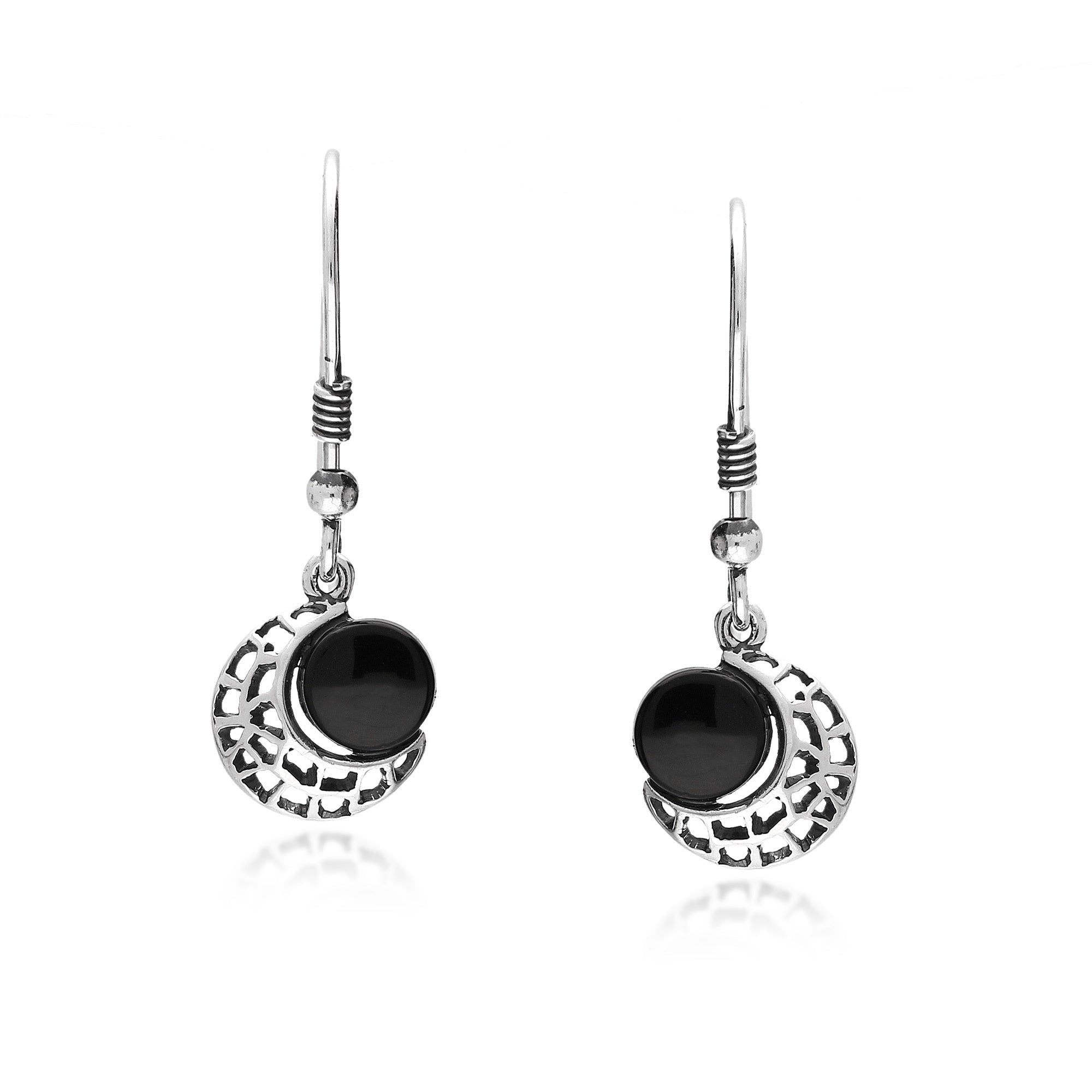 Oxidized Sterling Silver Whitby Jet Moon Drop Earrings – Elegant Gothic Jewelry for Women, Perfect for Evening Parties & Special Occasions