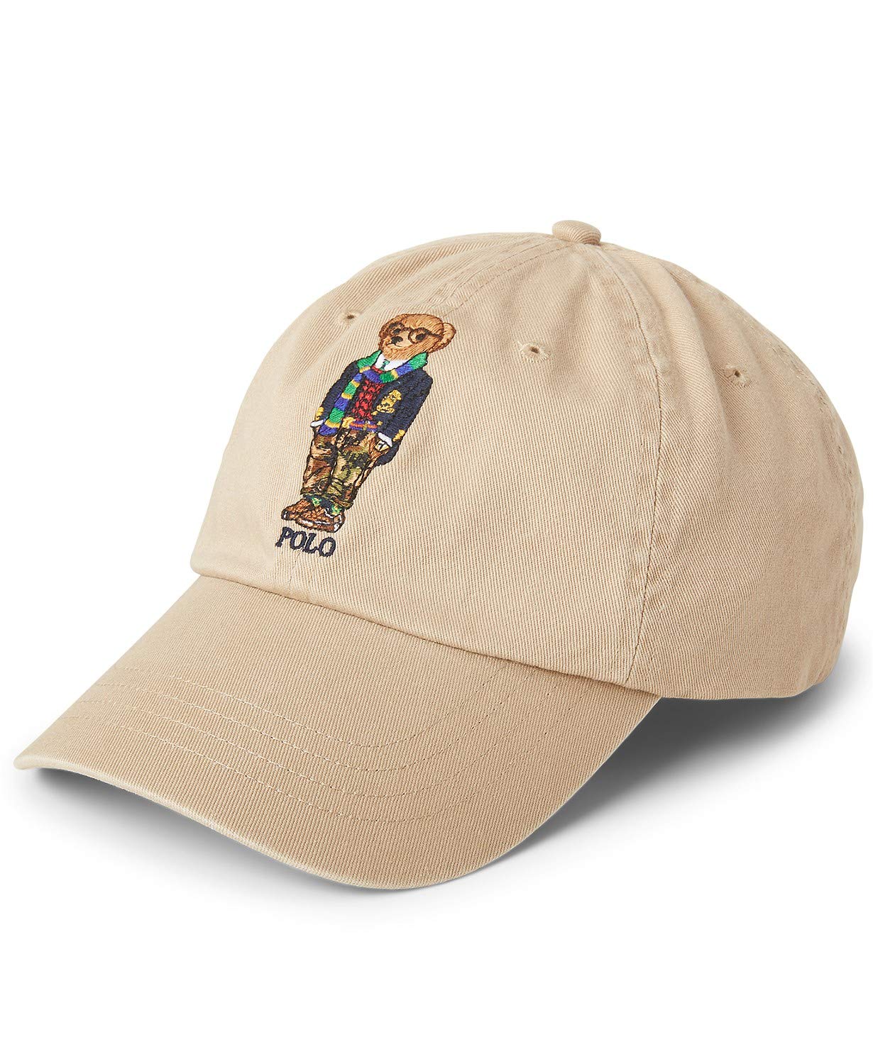 POLO RALPH LAUREN Men's Polo Bear Embroidered Chino Baseball Cap with Genuine Leather Strap - Khaki/Black Adjustable One Size - Casual Summer Hat for Golf, Beach & Outdoor Activities