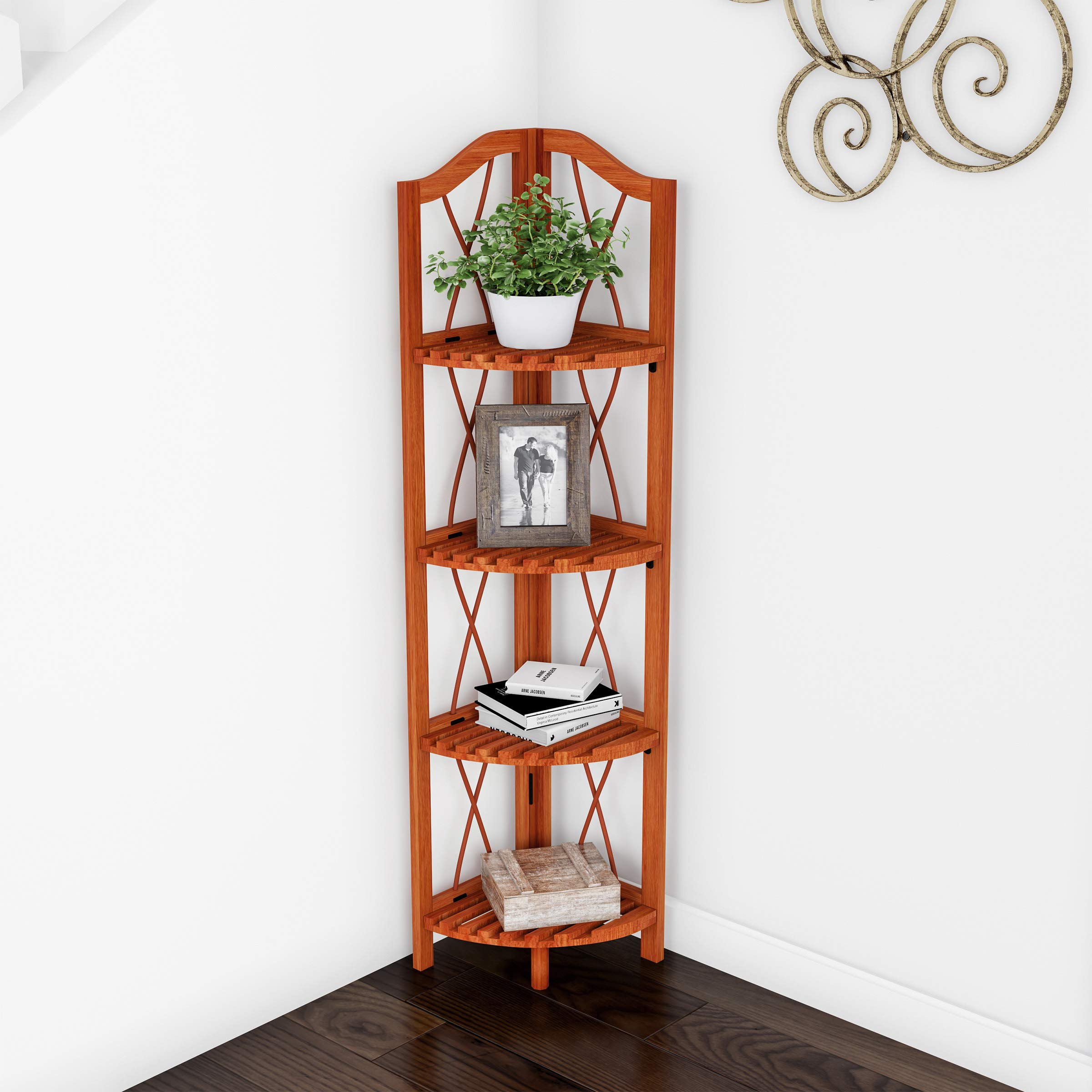 Lavish Home 43-Inch Folding Corner Shelf in Pecan Finish - Space-Saving Storage for Bathroom, Kitchen, or Living Room Organization