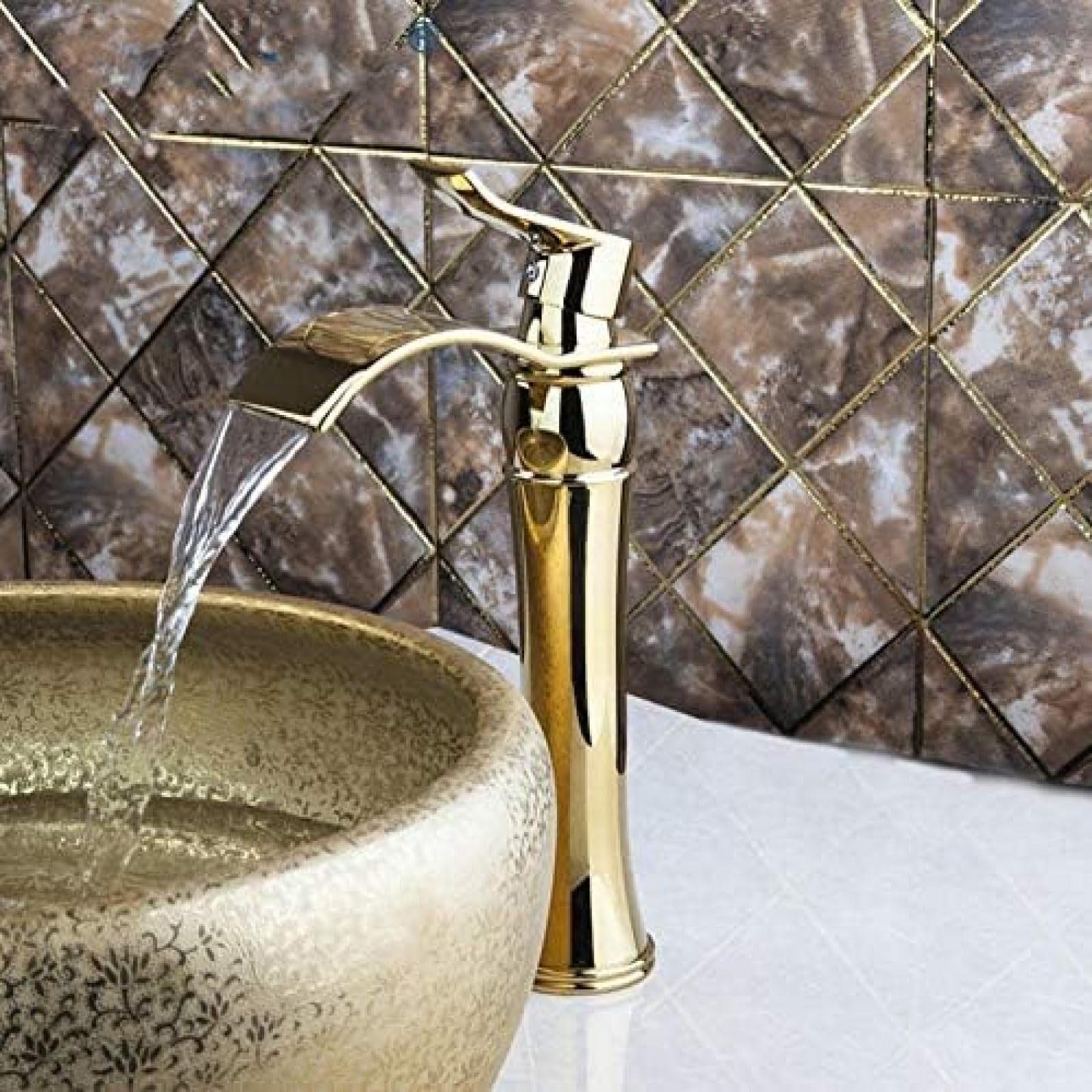 Luxury Tall Single Hole Bathroom Mixer Tap with Polished Gold Finish and Wide Waterfall Spout - Perfect for Modern Wash Basins & Sink Faucets in Upscale Bathrooms