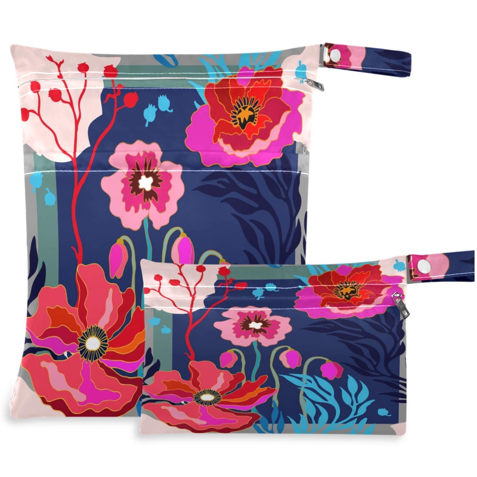 Visesunny 2-Pack Cute Floral Wet Bags with Zipper Pockets - Reusable Waterproof Washable Storage for Diapers, Swimsuits & Gym Clothes - Perfect for Travel, Beach, Pool, Daycare, Stroller & Toiletries Organization