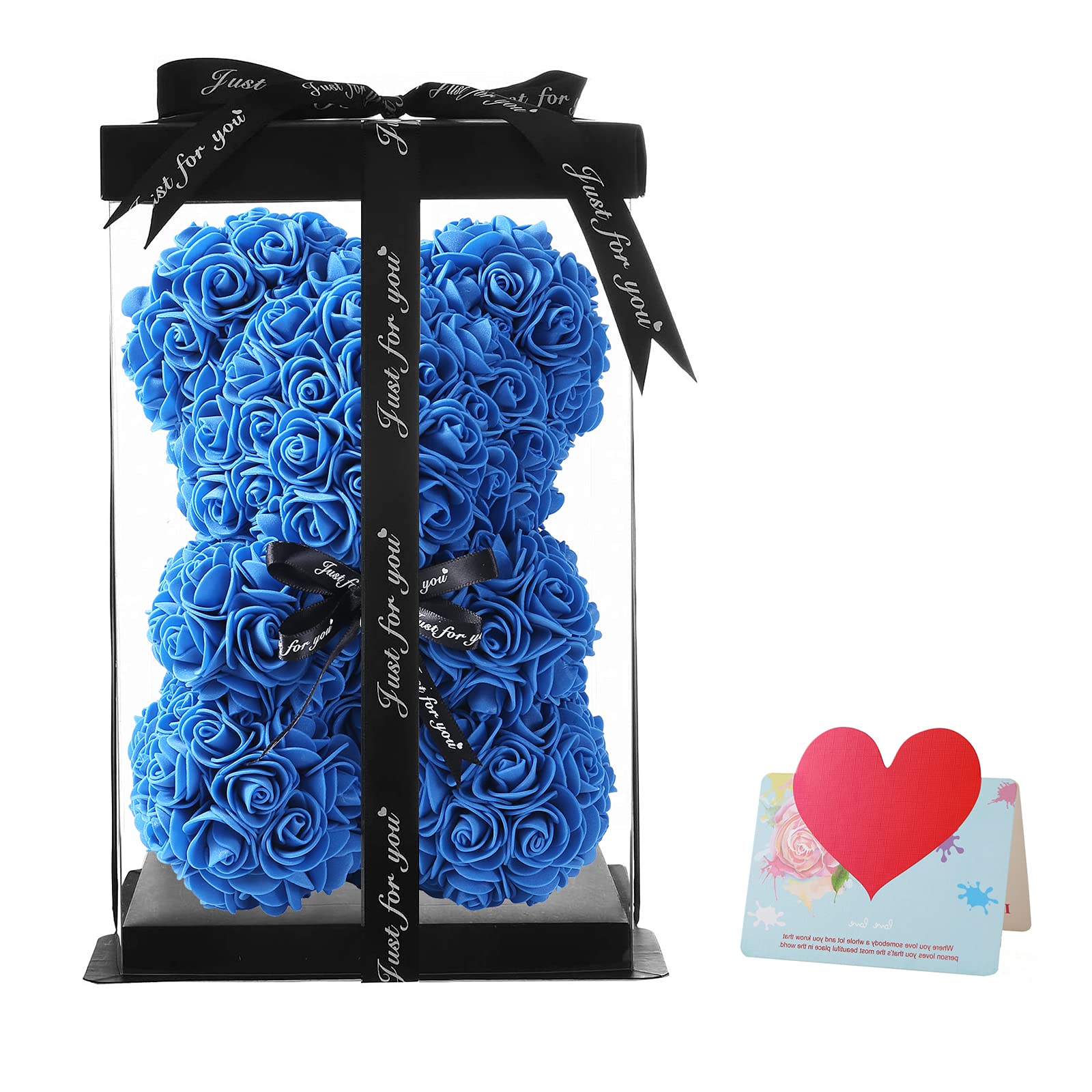 10 Inch Handmade Rose Teddy Bear Gift - Romantic Sapphire Blue Rose Flower Bear in Gift Box for Valentine's Day, Mother's Day, Wedding, Birthday & Christmas | Perfect Anniversary Gift for Her, Girlfriend & Wife | Home Decor & Romantic Surprise Present