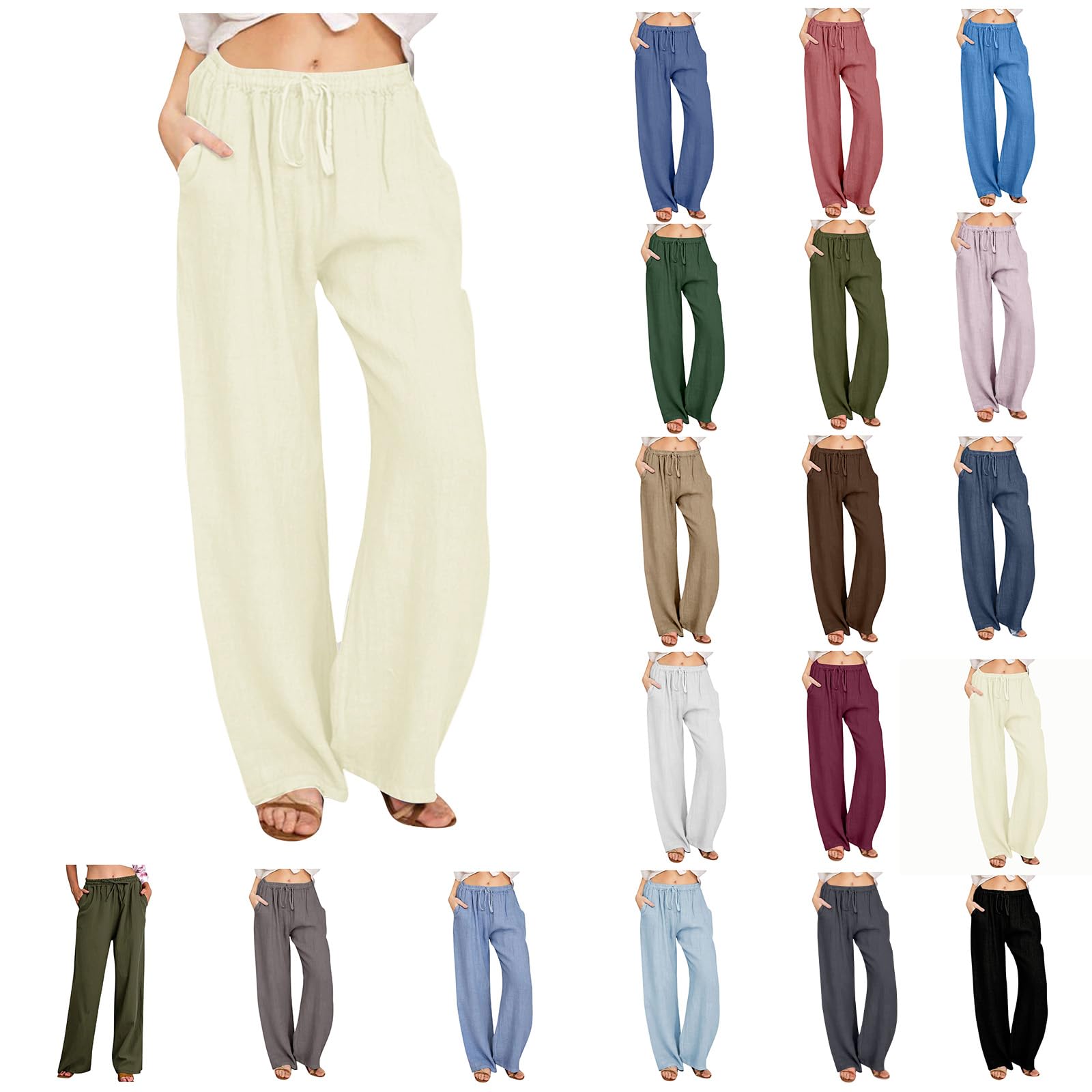 Eiyaclvo Women's Elastic Waist Straight Leg Trousers with Pockets - Loose Fit Drawstring Palazzo Pants for Casual Wear, Office, and Travel