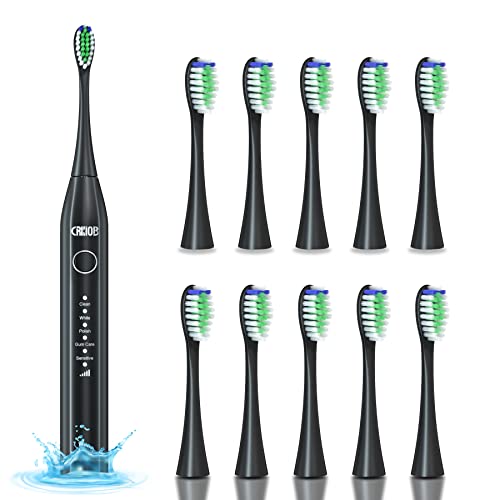 CRKIOB C1 Rechargeable Electric Toothbrush for Adults & Kids - 5 Cleaning Modes with 3 Intensity Levels, Includes 10 Brush Heads (Black) | Perfect for Travel, Home Use & Sensitive Teeth Care
