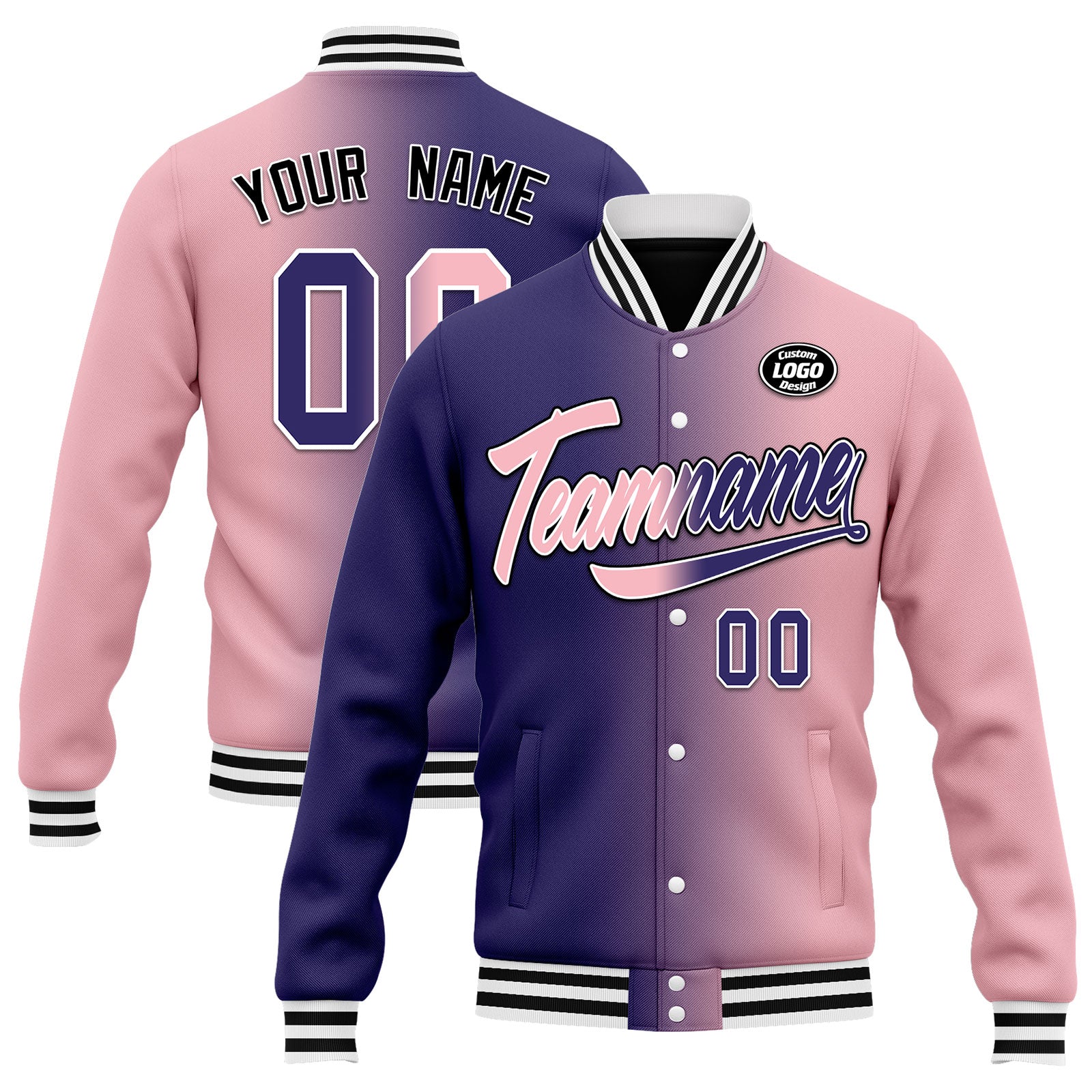 Custom Gradient Fashion Bomber Jacket - Full Snap Varsity Letterman Jacket - Personalized Embroidered Name & Number - FZ005 D028015 - Perfect for School Sports, Casual Wear & Street Fashion