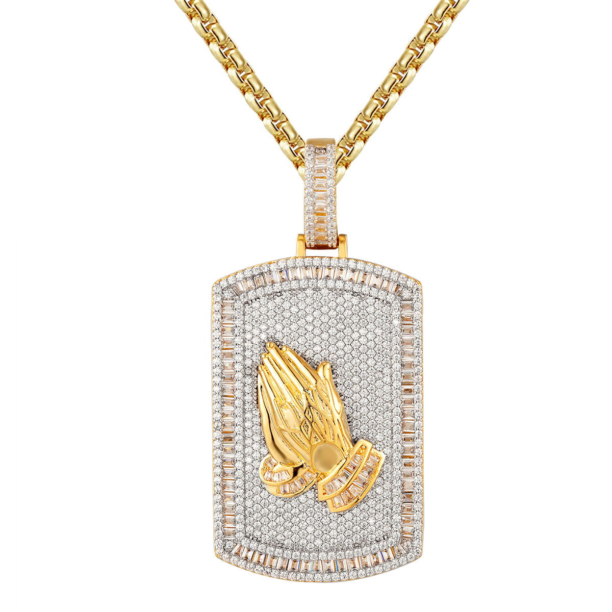 925 Sterling Silver Micro Pave Baguette Icy Praying Hands Dog Tag Pendant Necklace - Perfect for Everyday Wear, Gifts & Religious Jewelry Lovers