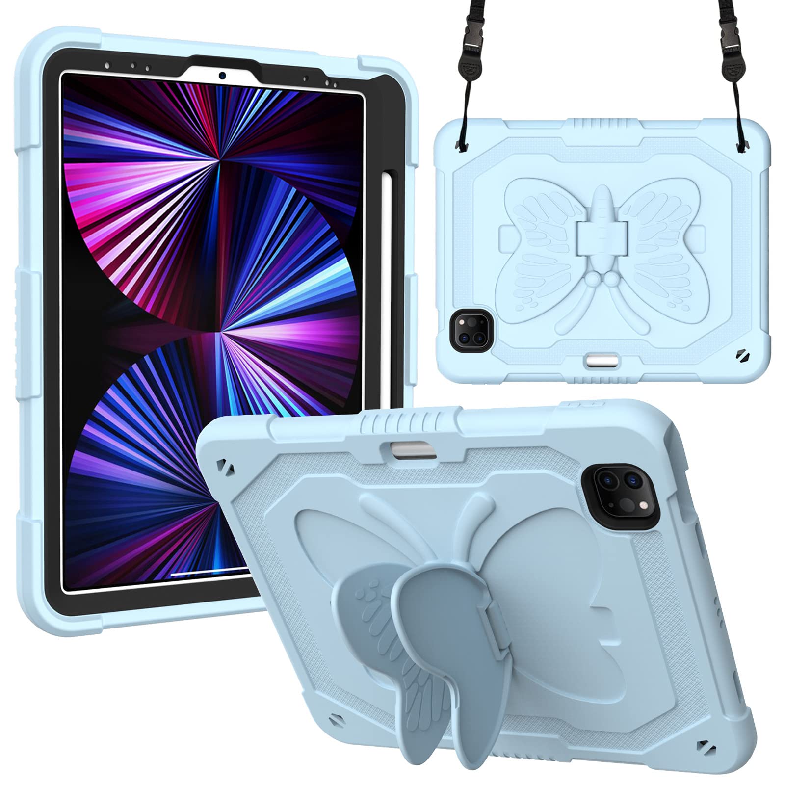 JIANXIANG iPad Air 4th Gen (10.9 inch 2020) & iPad Pro 11 (2021/2020/2018) Protective Case with Butterfly Bracket, Pencil Holder & Adjustable Shoulder Strap - Blue | Perfect for Work, Travel & School Use