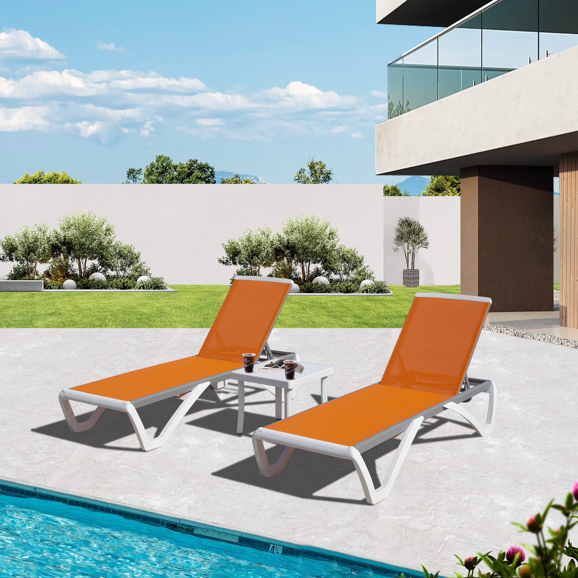 Domi 3-Piece Outdoor Lounge Chair Set with Adjustable Backrest - Aluminum Patio Chaise Lounges & Side Table for Beach, Poolside, Yard - Perfect for Relaxing in Sun, Garden, or Backyard (Orange)