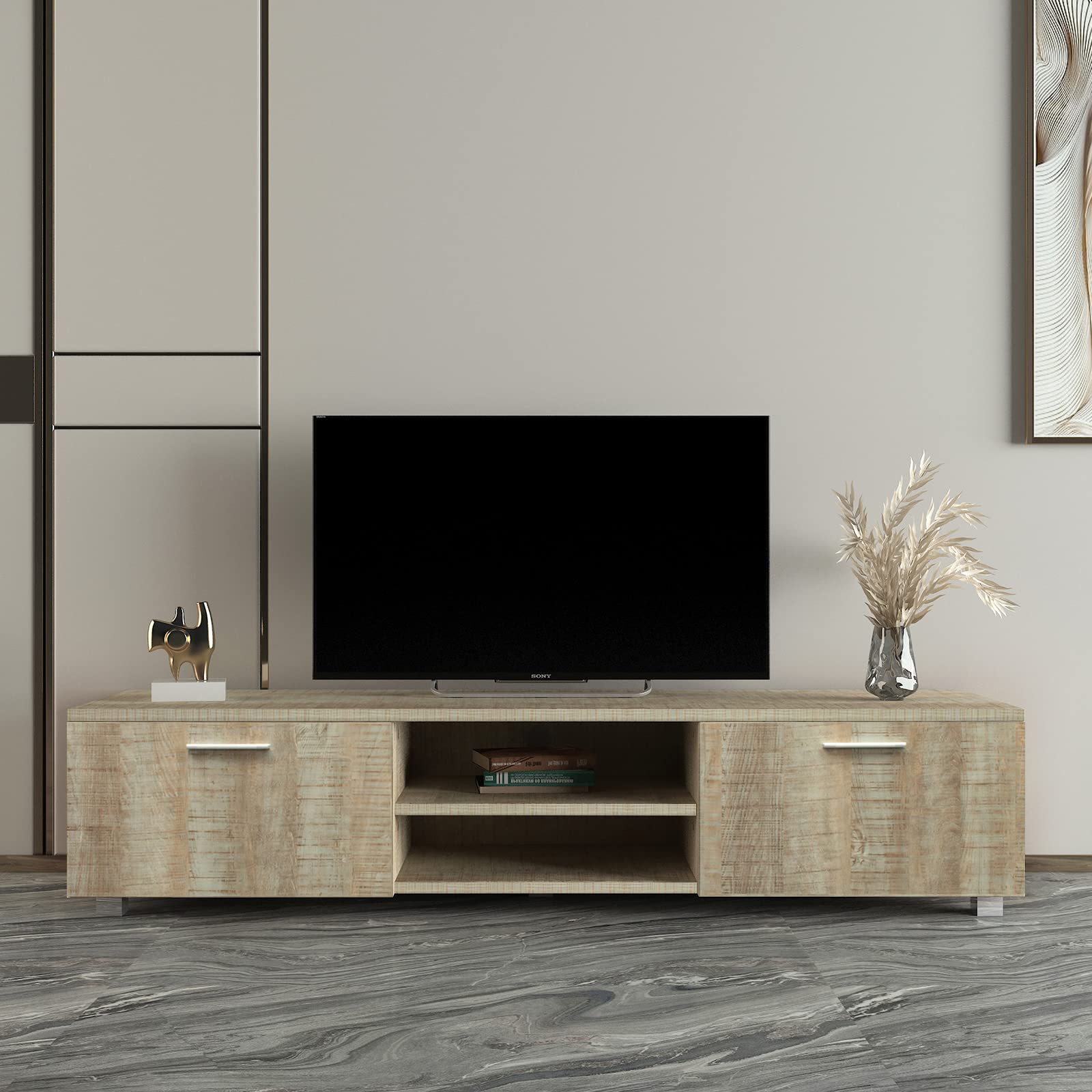 Modern TV Stand for 70 Inch TV with 2 Storage Cabinets & Open Shelves - Solid Wood Entertainment Center for Living Room, Gaming & Home Decor - Oak TV Console with Ample Storage Space - Perfect for Movie Nights & Video Gaming Setup