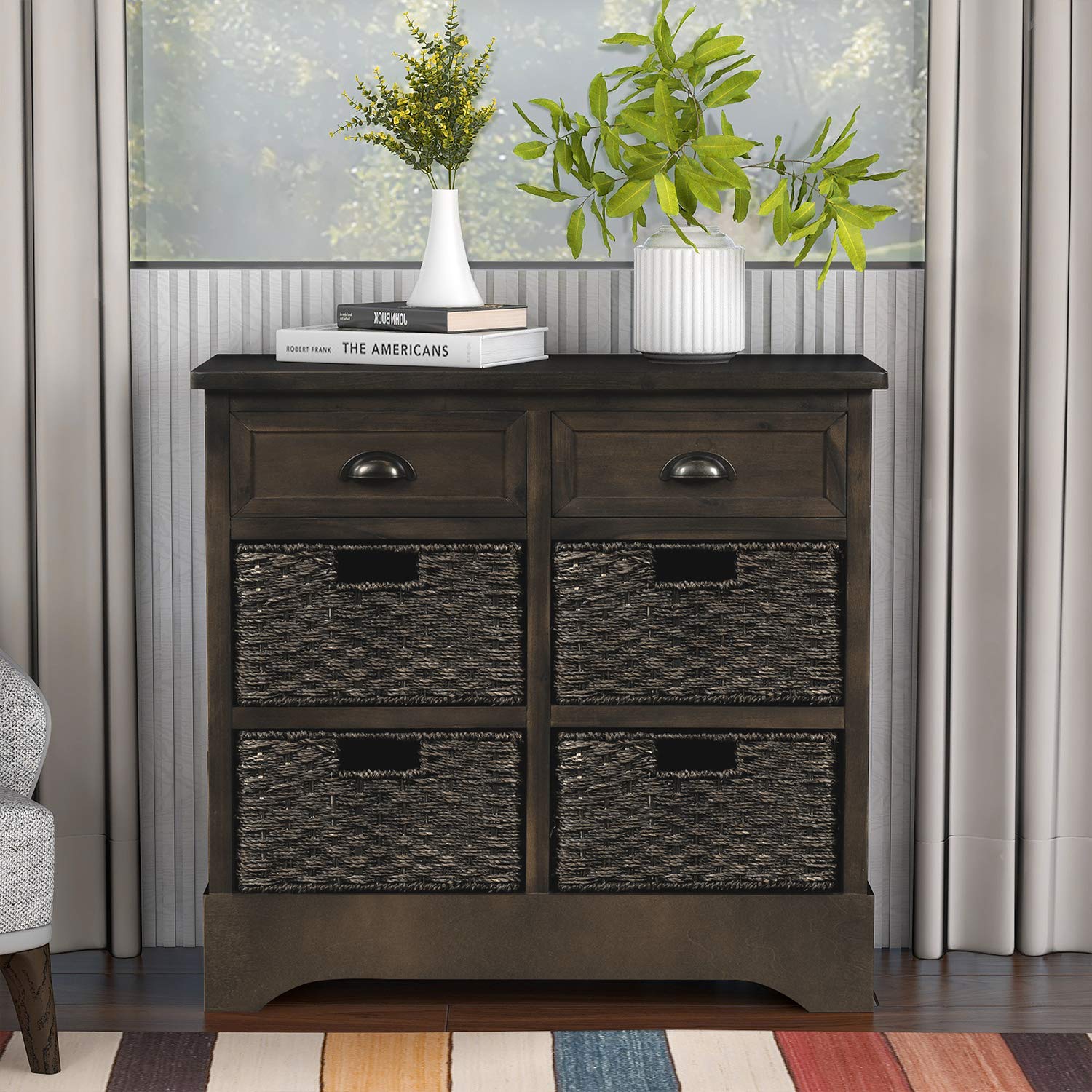 Wood Storage Cabinet with 2 Drawers & 4 Baskets - Entryway Organizer for Living Room & Dining Room