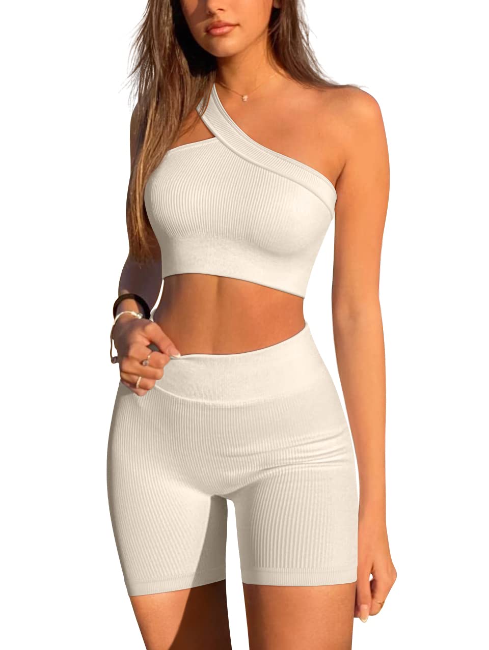 LNSK Women's 2-Piece Seamless Ribbed Workout Set - Sexy Gym Yoga Shorts & Top for Running, Fitness & Lounge Wear - Perfect for Yoga, Gym, Jogging & Casual Outfits