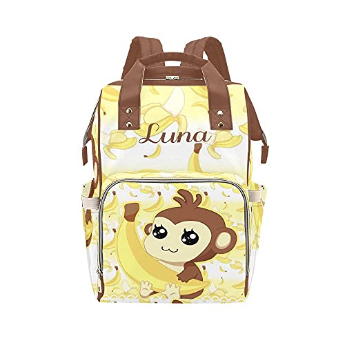 Waterproof Monkey Banana Diaper Backpack - Personalized Name Baby Bag for Nursing Moms, Large Tote Organizer with Insulated Pocket | Perfect for Daycare, Travel & On-the-Go Parenting Essentials