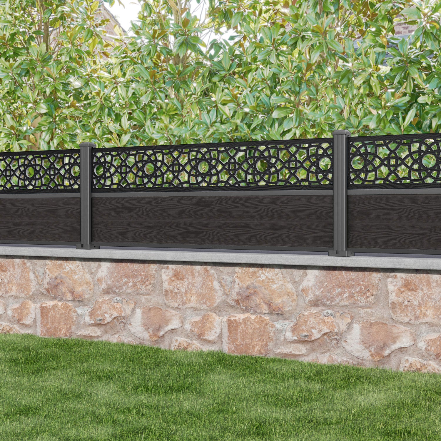 Dark Oak Classic Ambar Fence Panel with Aluminum Posts - Durable Privacy Fencing for Backyard, Garden, and Pool Areas