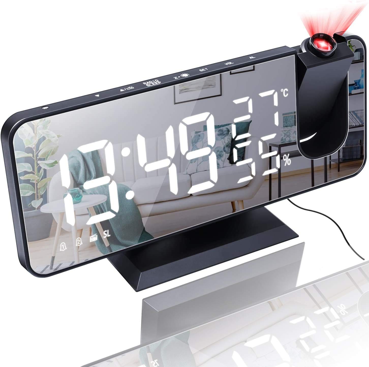7.4'' LED Digital Alarm Clock with Mirror Display & USB Charger | Portable Projection Clock for Bedroom | Digital Radio Alarm with Phone Charging | Perfect for Nightstands, Travel & Home Decor